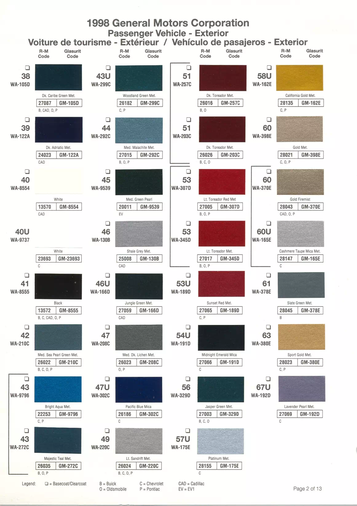 1998 General Motors Paint Codes & Color Chart