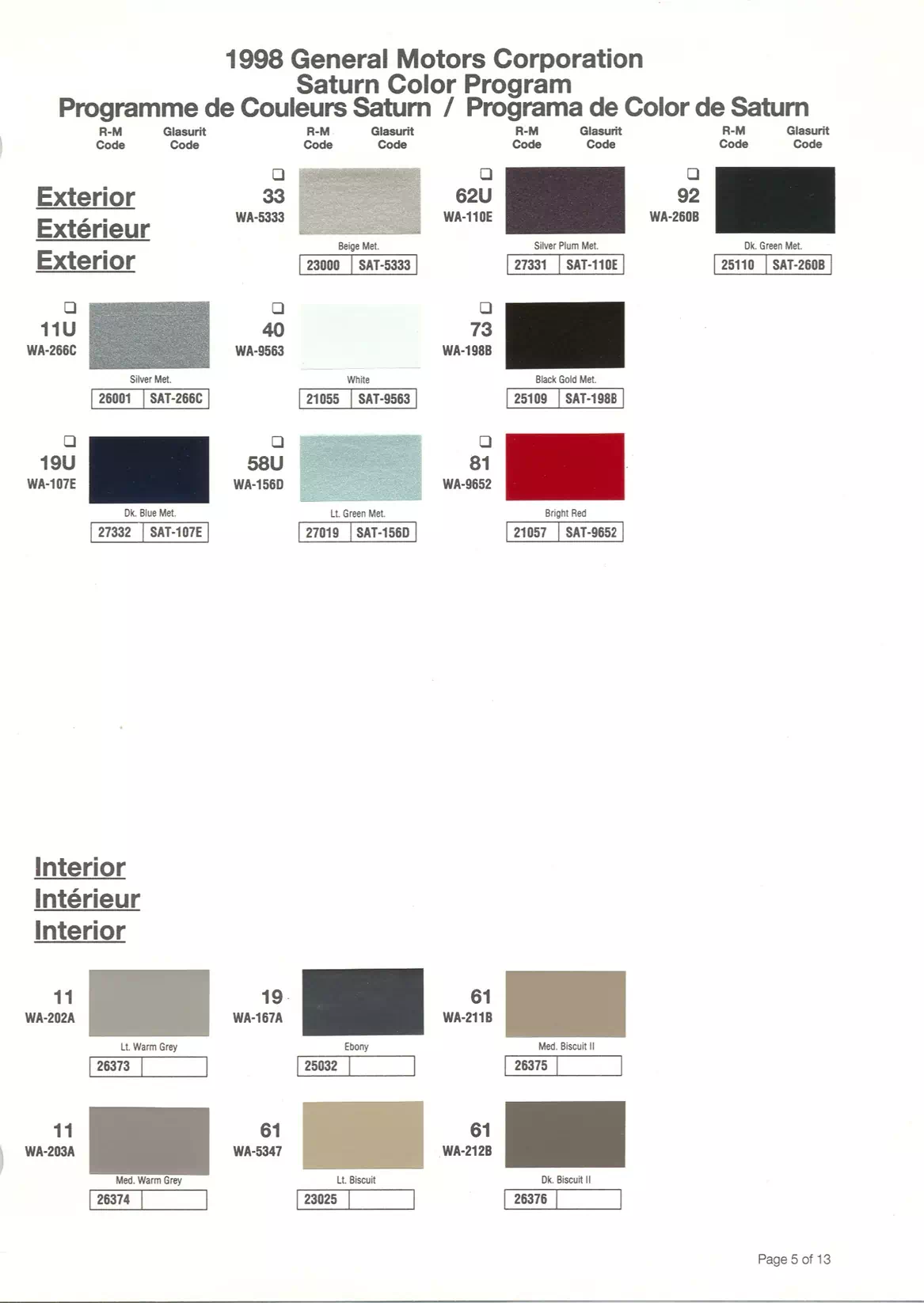 1998 General Motors Paint Codes & Color Chart