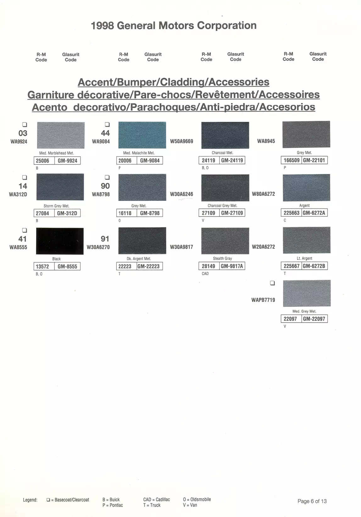 1998 General Motors Paint Codes & Color Chart Paint color examples, their ordering codes, the oem color code, and vehicles the color was used on