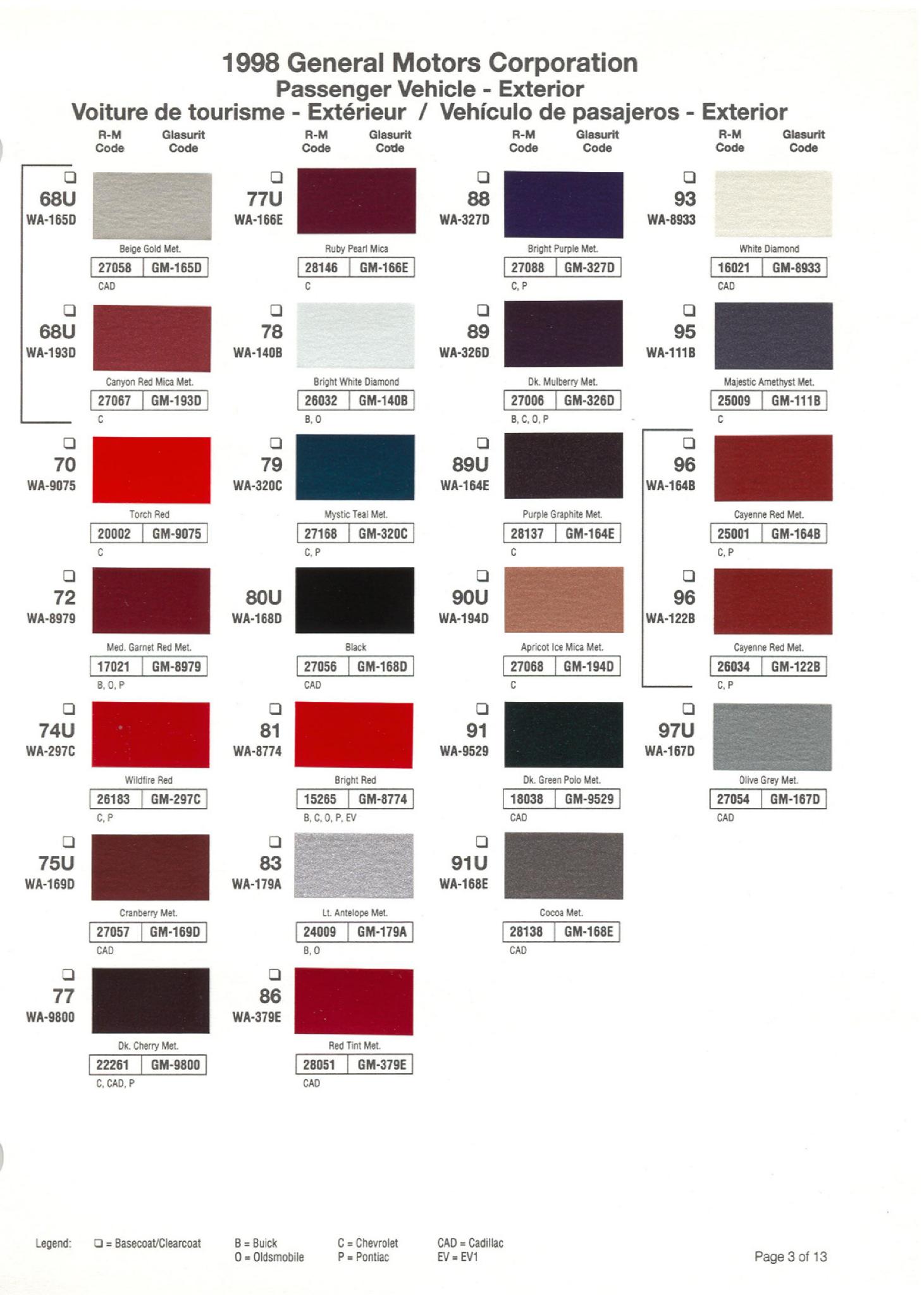 Paint Color Examaples used on GM Vehicles and thier unique paint codes