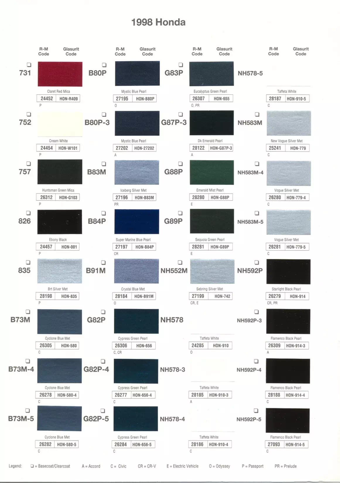 1998 Honda & Acura Paint Codes & Color Chart Paint color examples, their ordering codes, the oem color code, and vehicles the color was used on