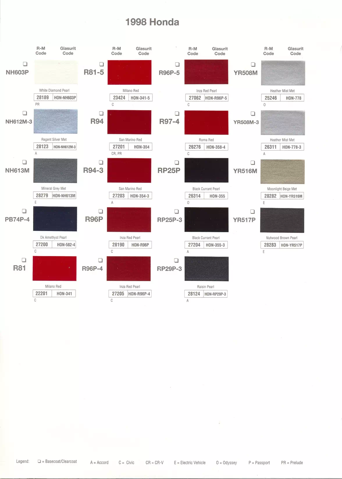 1998 Honda & Acura Paint Codes & Color Chart Paint color examples, their ordering codes, the oem color code, and vehicles the color was used on