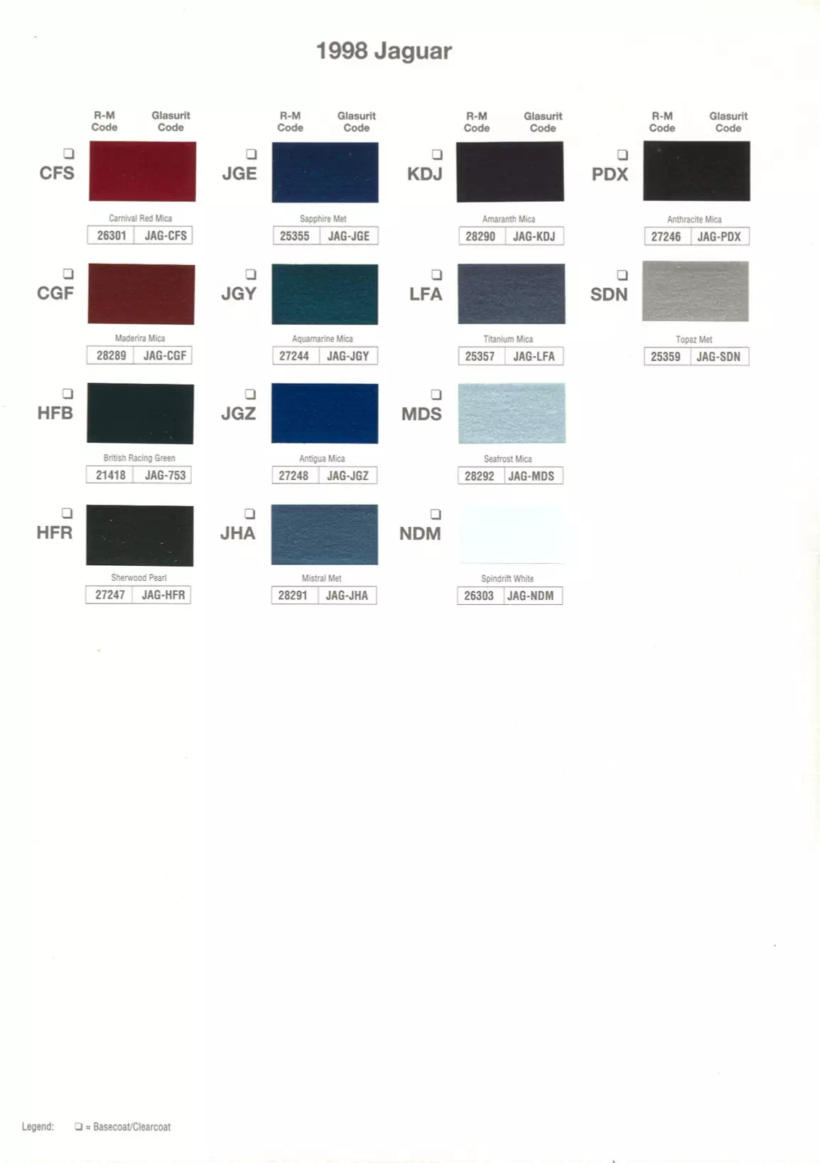 1998 Jaguar Paint Codes & Color Chart Paint color examples, their ordering codes, the oem color code, and vehicles the color was used on