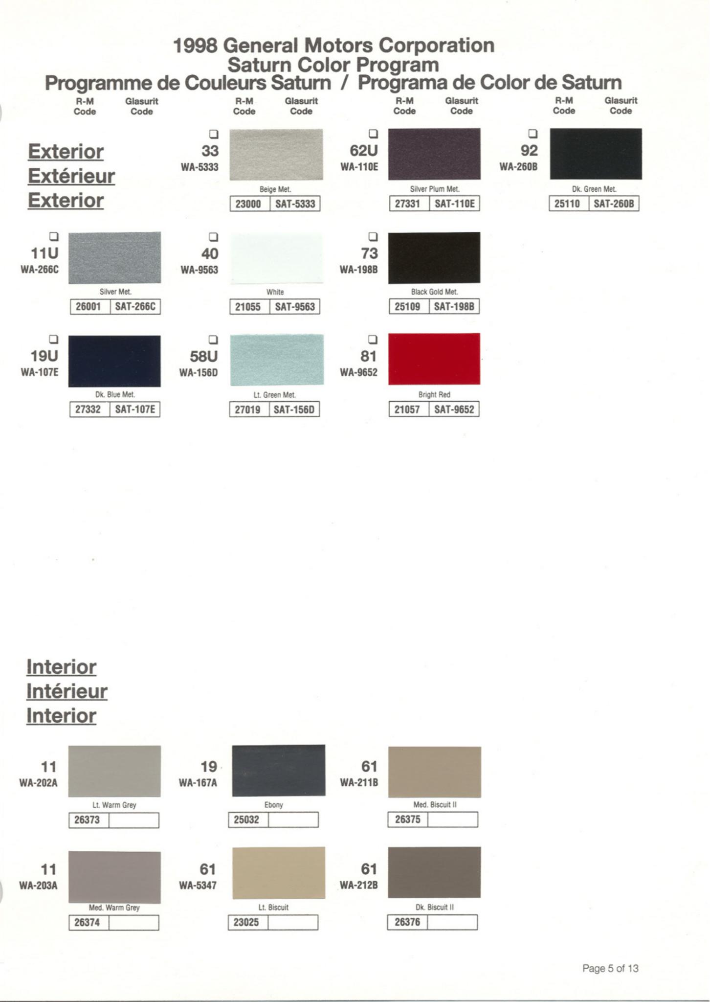 Exterior Color Codes and Color Examples for Saturn