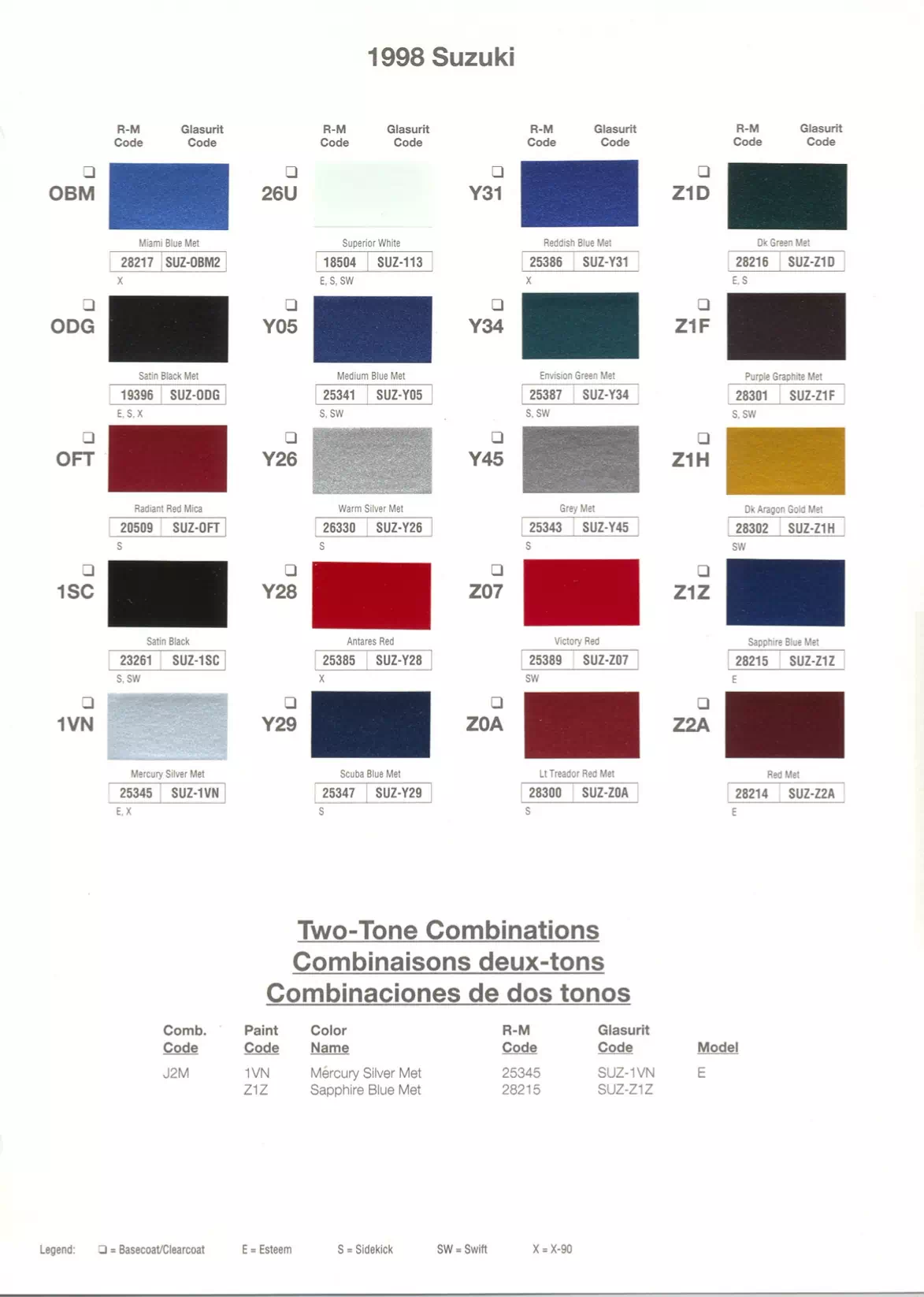 1998 Suzuki Paint Codes & Color Chart Paint color examples, their ordering codes, the oem color code, and vehicles the color was used on