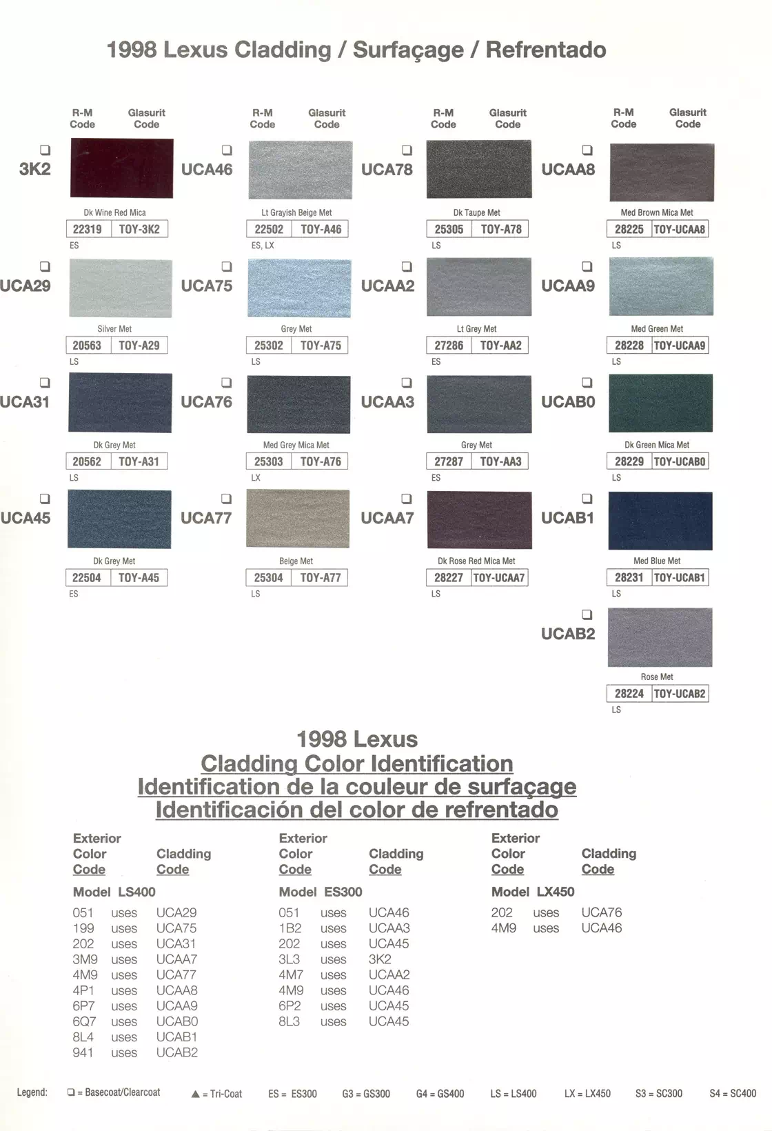 1998 Toytota & Lexus Paint Codes & Color Chart Paint color examples, their ordering codes, the oem color code, and vehicles the color was used on