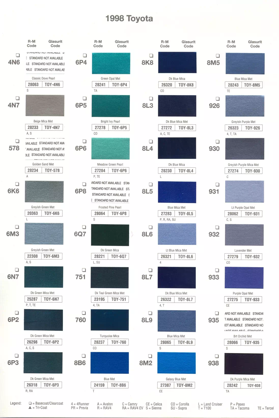 1998 Toytota & Lexus Paint Codes & Color Chart Paint color examples, their ordering codes, the oem color code, and vehicles the color was used on