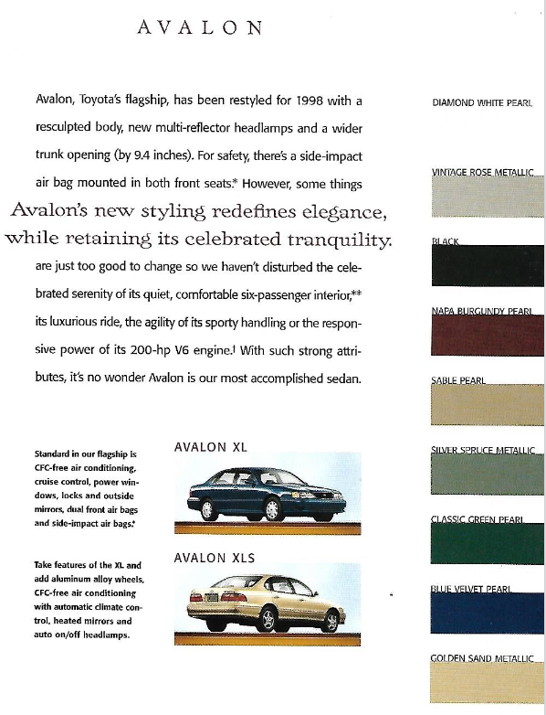 exterior  colors and vehicle examples of the 1998 Toyota