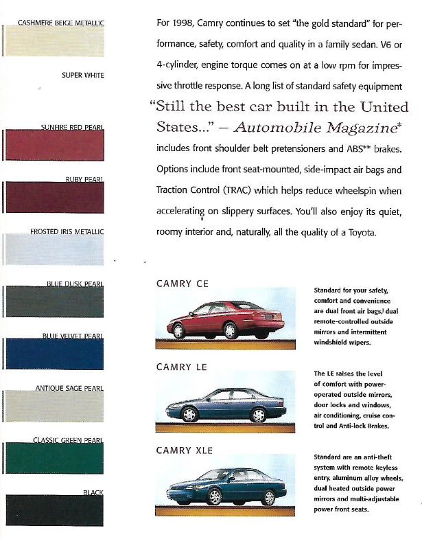 1998 Toyota Camry Paint Chart exterior colors and vehicle examples of the 1998 Toyota