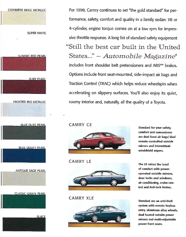 exterior  colors and vehicle examples of the 1998 Toyota