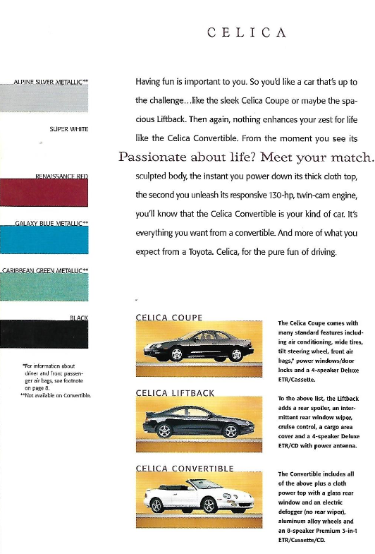 1998 Toyota Celica Paint Chart exterior colors and vehicle examples of the 1998 Toyota