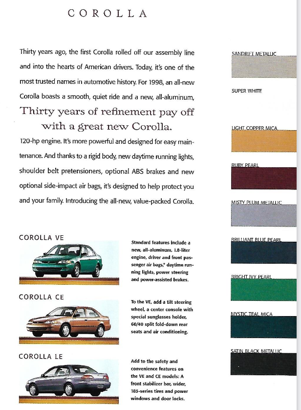 1998 Toyota Corolla Paint Chart exterior colors and vehicle examples of the 1998 Toyota