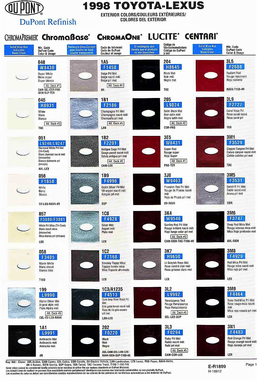 1998 Toyota and Lexus Paint Chart exterior colors of Toyota vehicles and their ordering codes