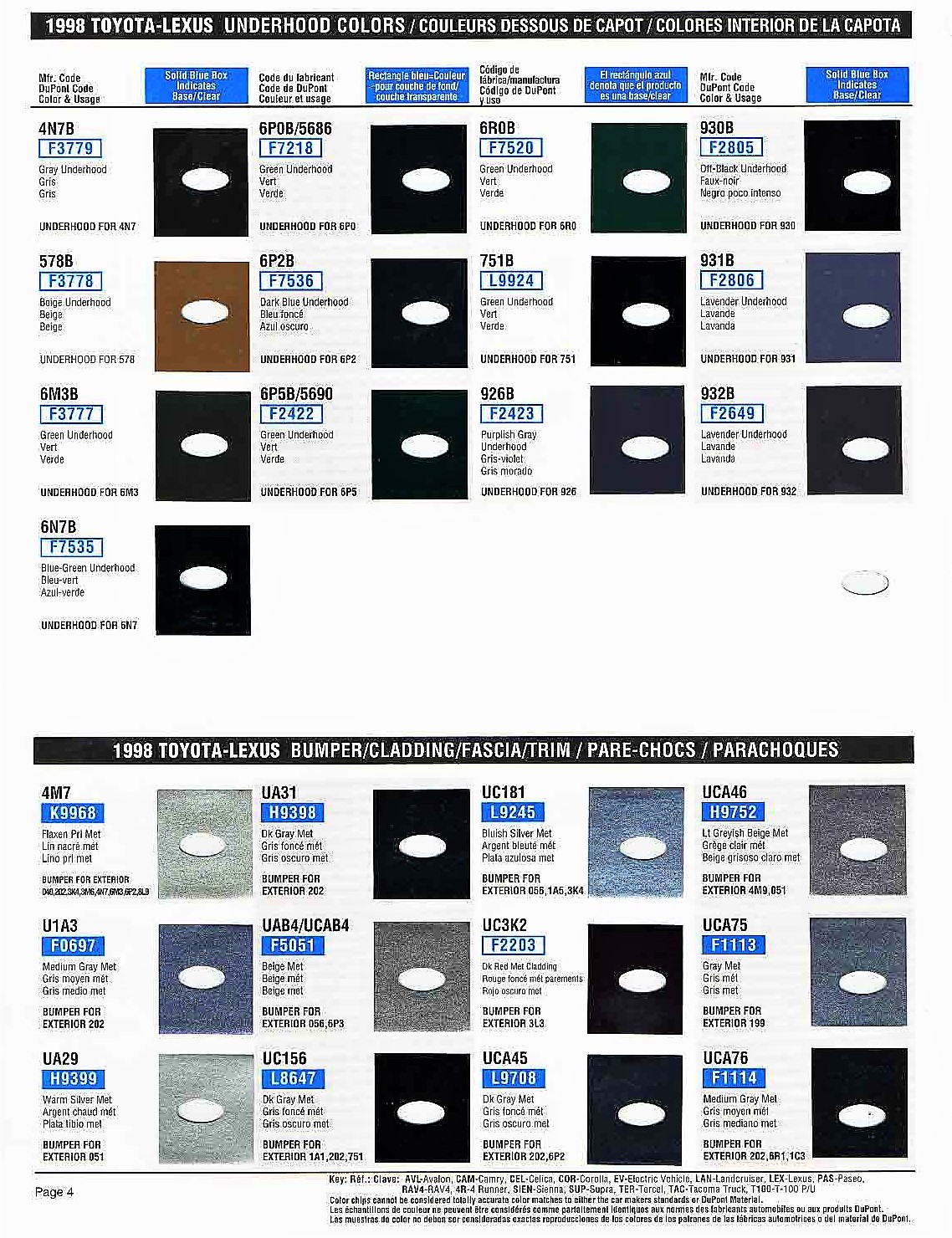 1998 Toyota and Lexus Paint Chart exterior colors of Toyota vehicles and their ordering codes