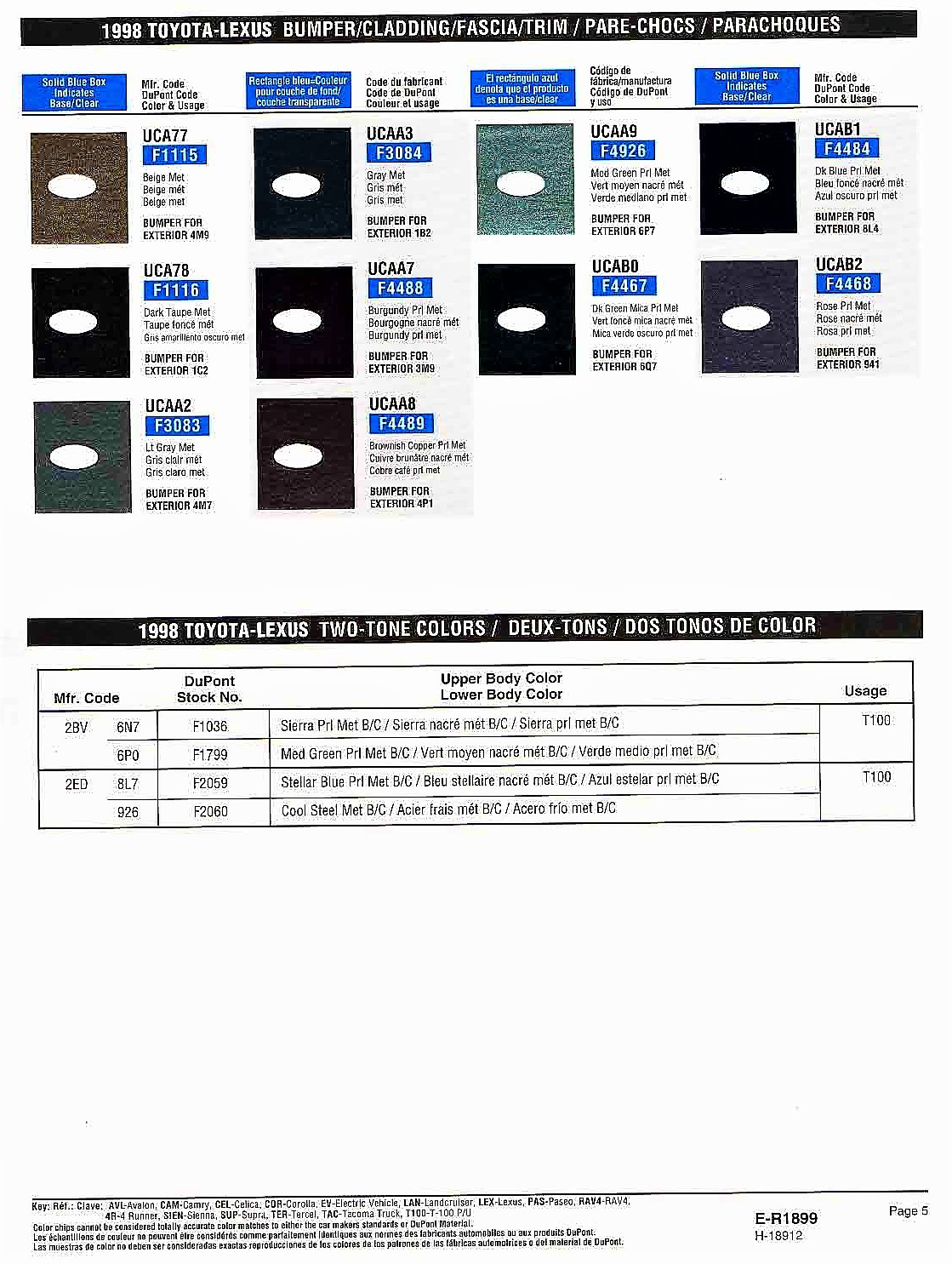 1998 Toyota and Lexus Paint Chart exterior colors of Toyota vehicles and their ordering codes