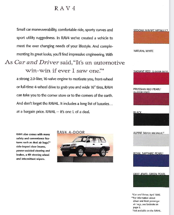1998 Toyota RAV4 Paint Chart exterior colors and vehicle examples of the 1998 Toyota