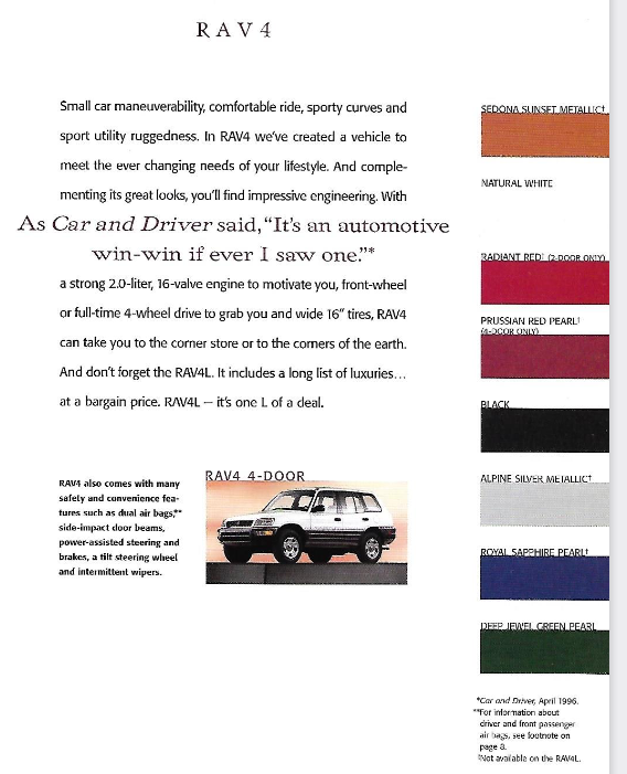 exterior  colors and vehicle examples of the 1998 Toyota