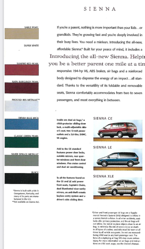 1998 Toyota Sienna Paint Chart exterior colors and vehicle examples of the 1998 Toyota