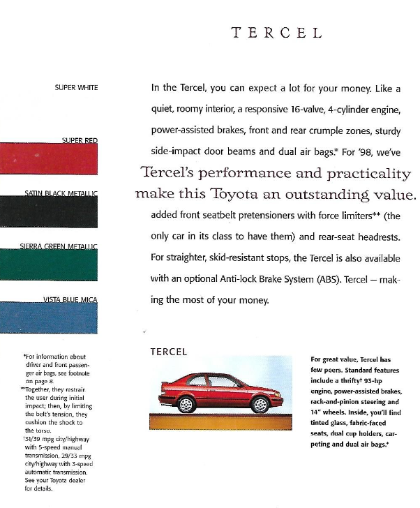 1998 Toyota Tercel Paint Chart exterior colors and vehicle examples of the 1998 Toyota