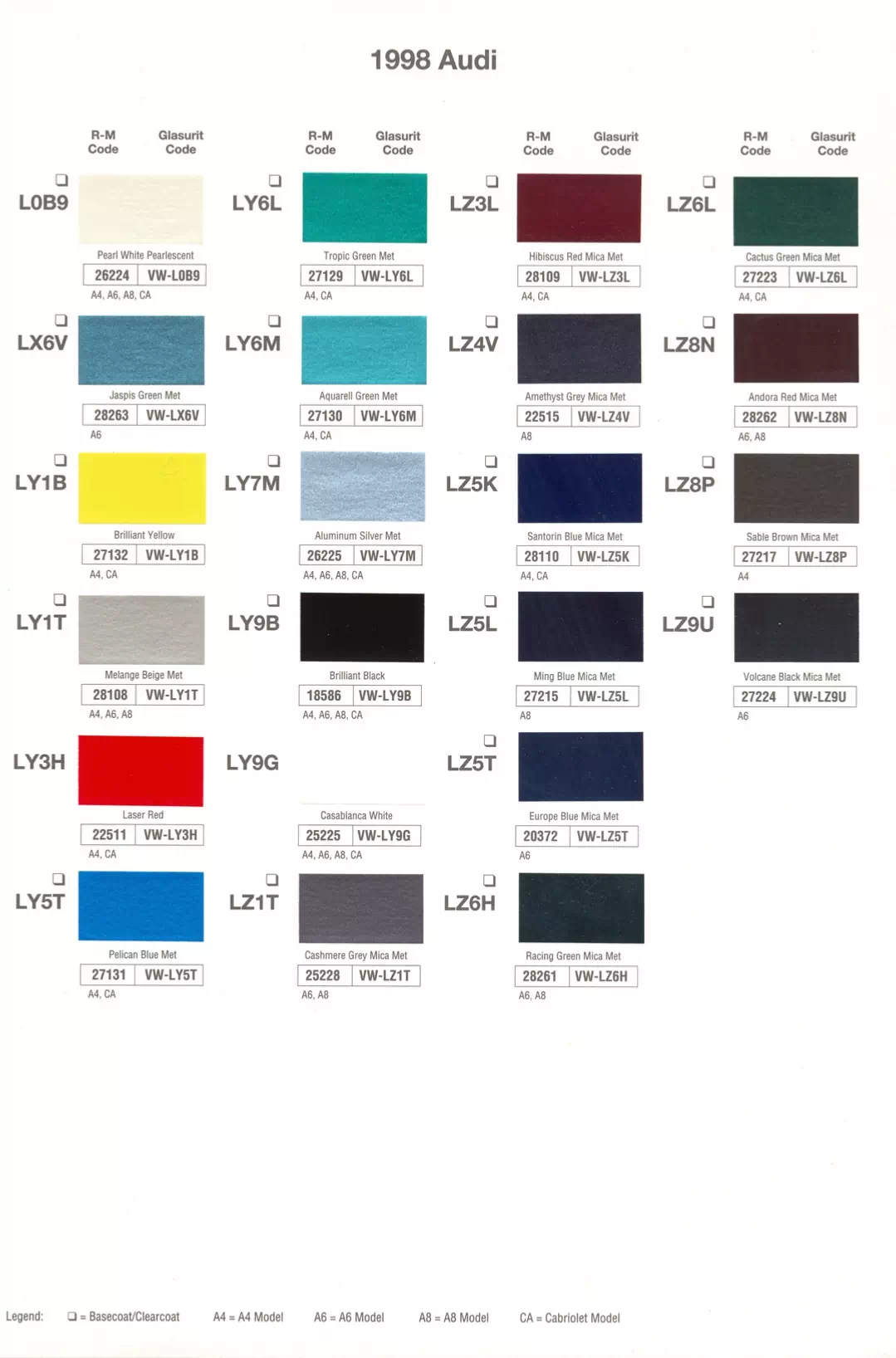 1998 Audi Paint Codes & Color Chart Paint color examples, their ordering codes, the oem color code, and vehicles the color was used on