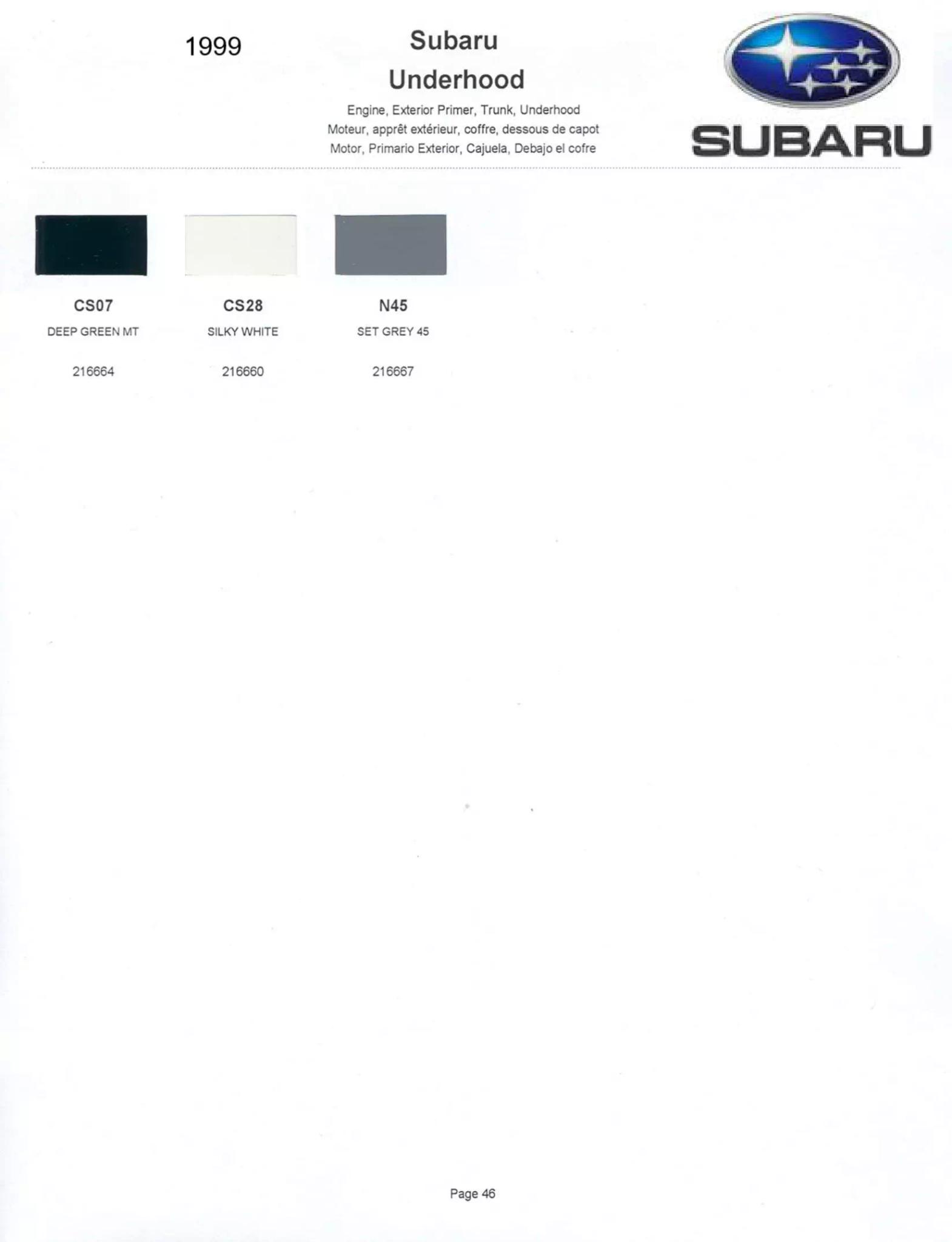 1999 Subaru Paint Chart1999 Subaru Paint Chart and Color Codes Paint Color and Codes Used By Subaru