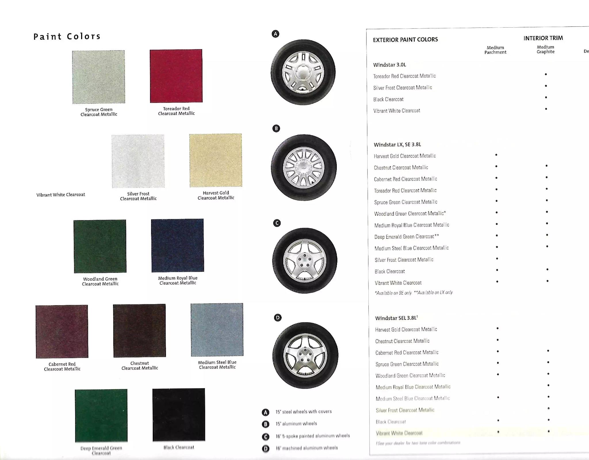 an image showing what the Ford Windstar minivan vehicle colors came in.