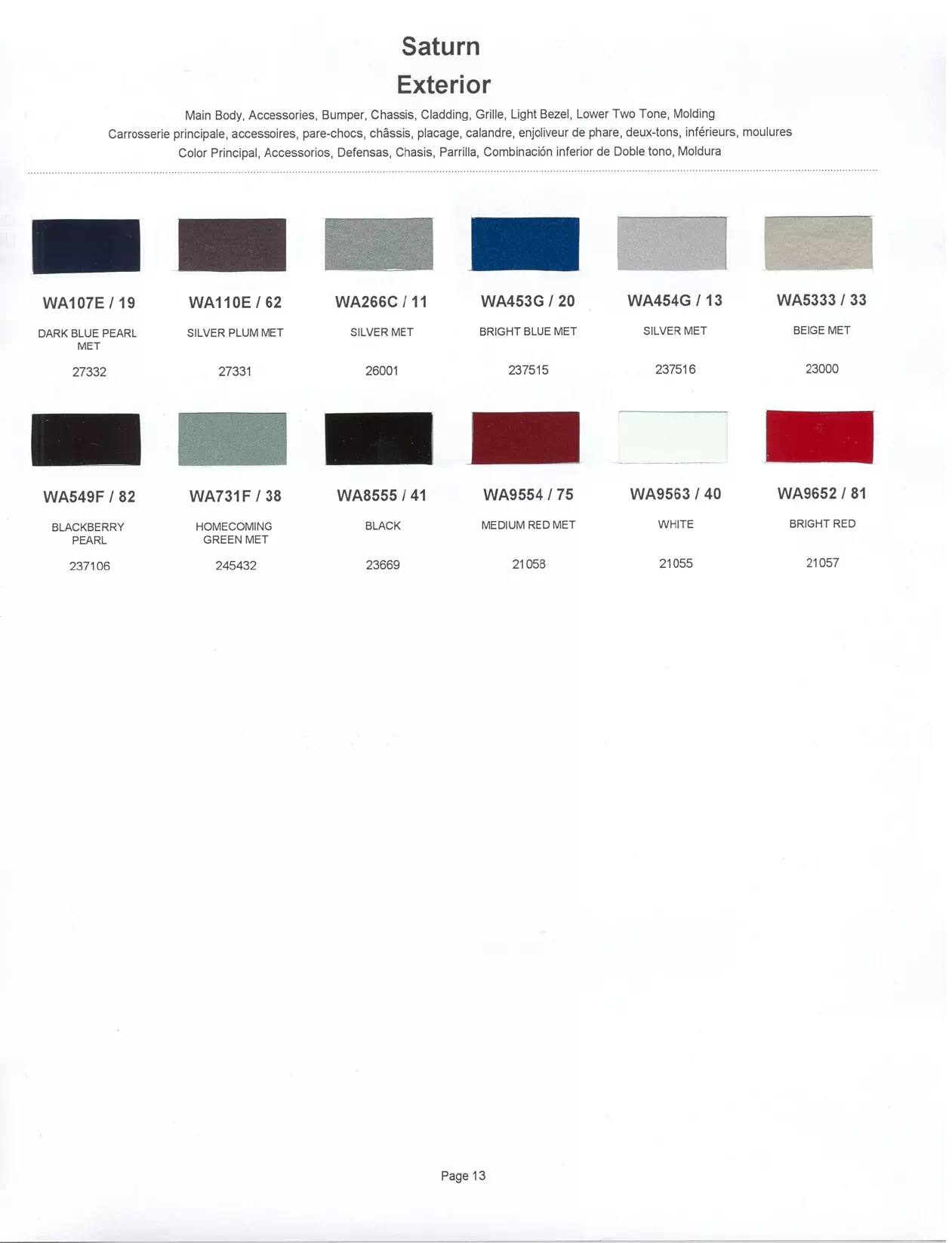 1999 Saturn Paint Codes & Color Chart Paint color examples, their ordering codes, the oem color code, and vehicles the color was used on