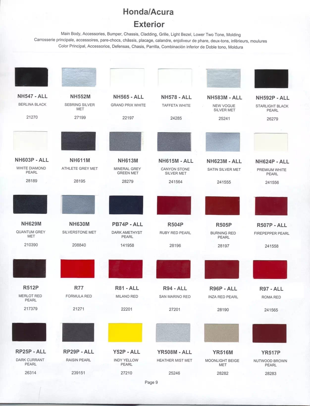 Exterior paint chips and their ordering codes for Honda and Acura Vehicles