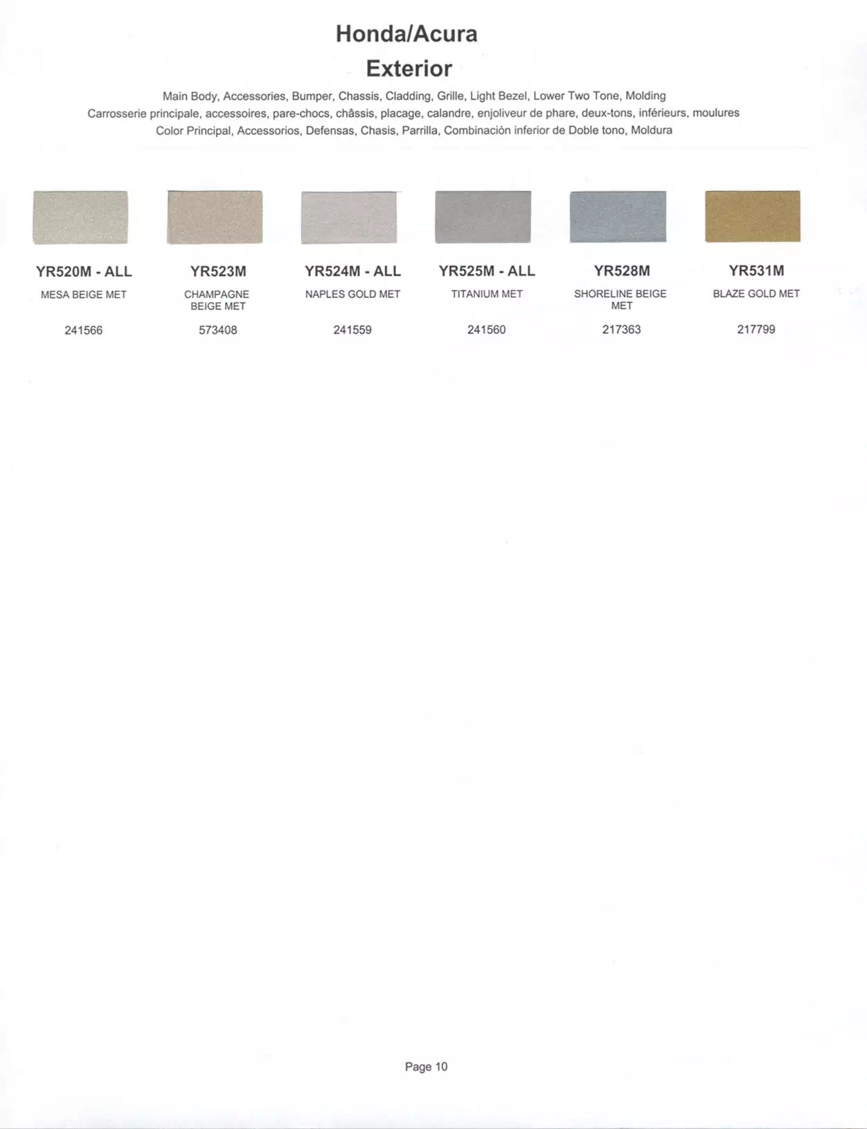 Exterior paint chips and their ordering codes for Honda and Acura Vehicles