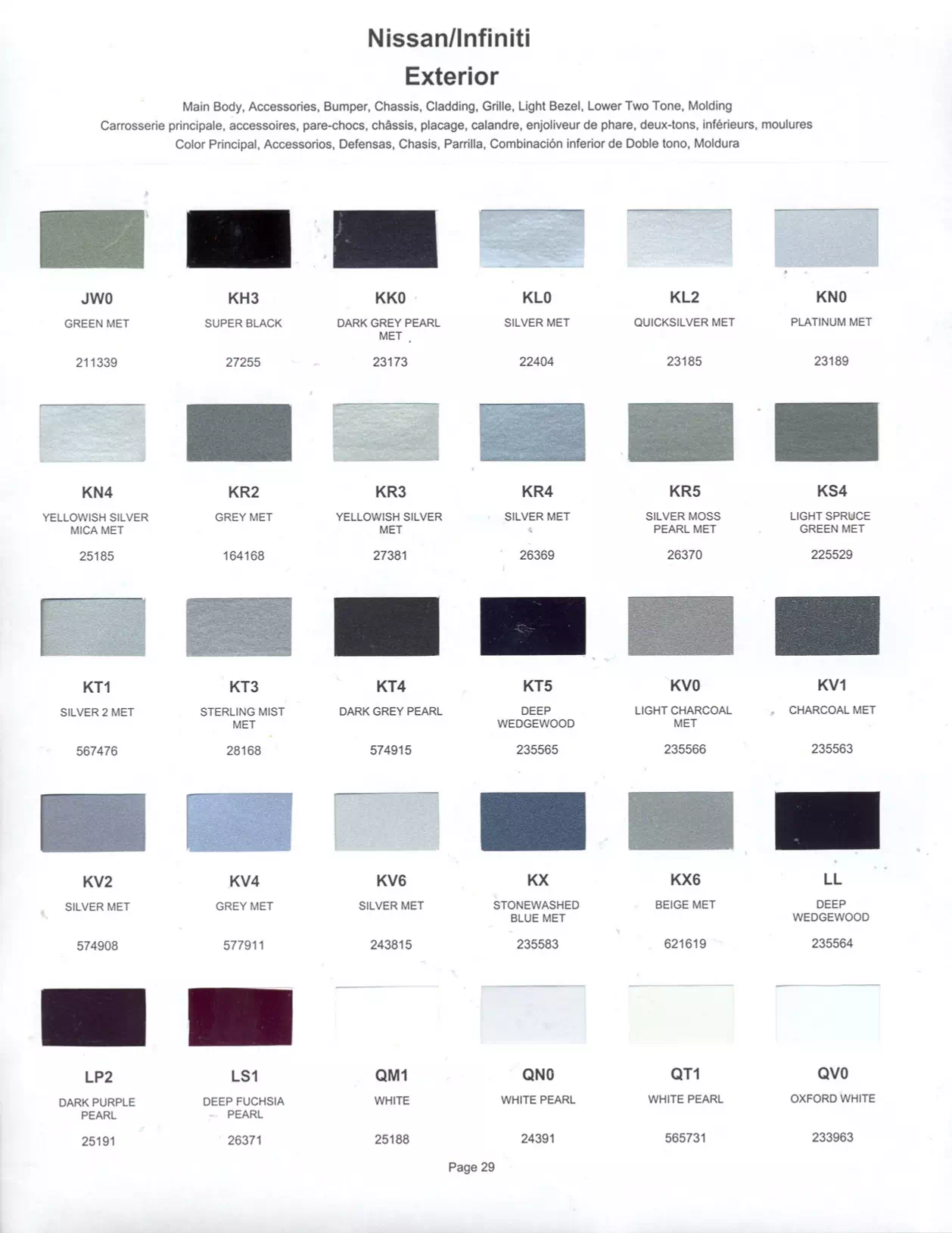 Exterior paint colors for Nissan and Infiniti vehicles and their ordering codes and stock numbers