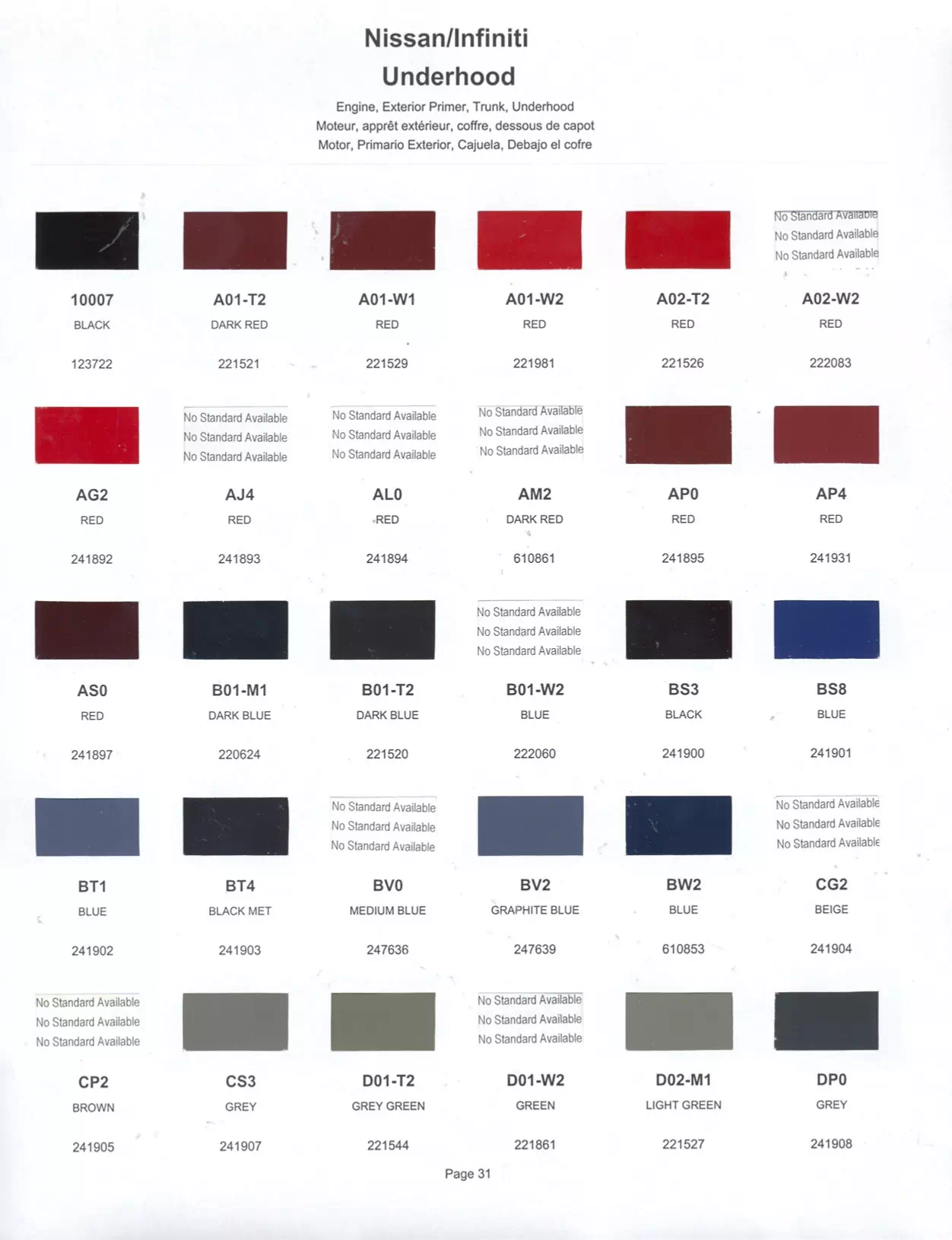 Exterior paint colors for Nissan and Infiniti vehicles and their ordering codes and stock numbers