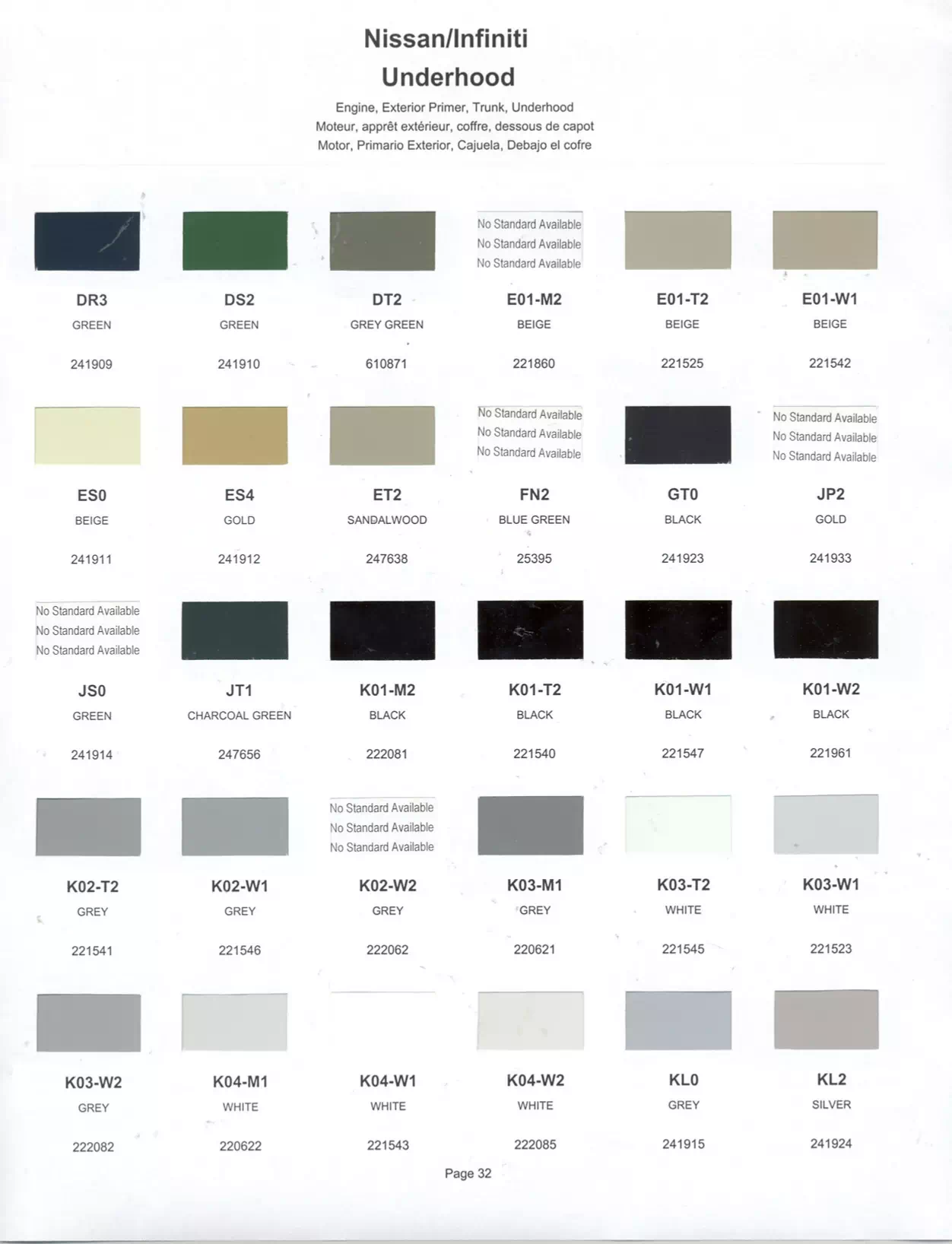 Exterior paint colors for Nissan and Infiniti vehicles and their ordering codes and stock numbers