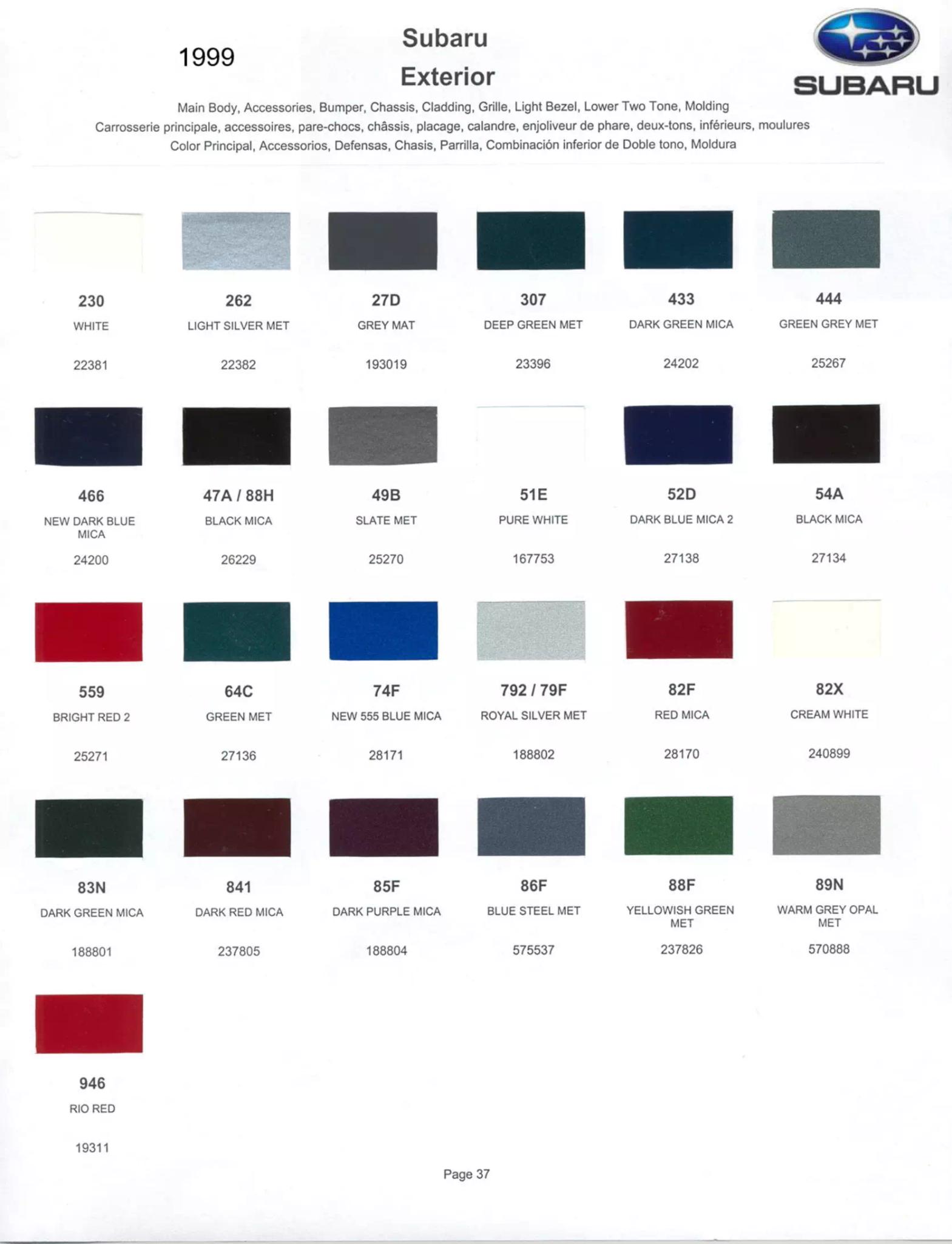 Paint Color and Codes Used By Subaru