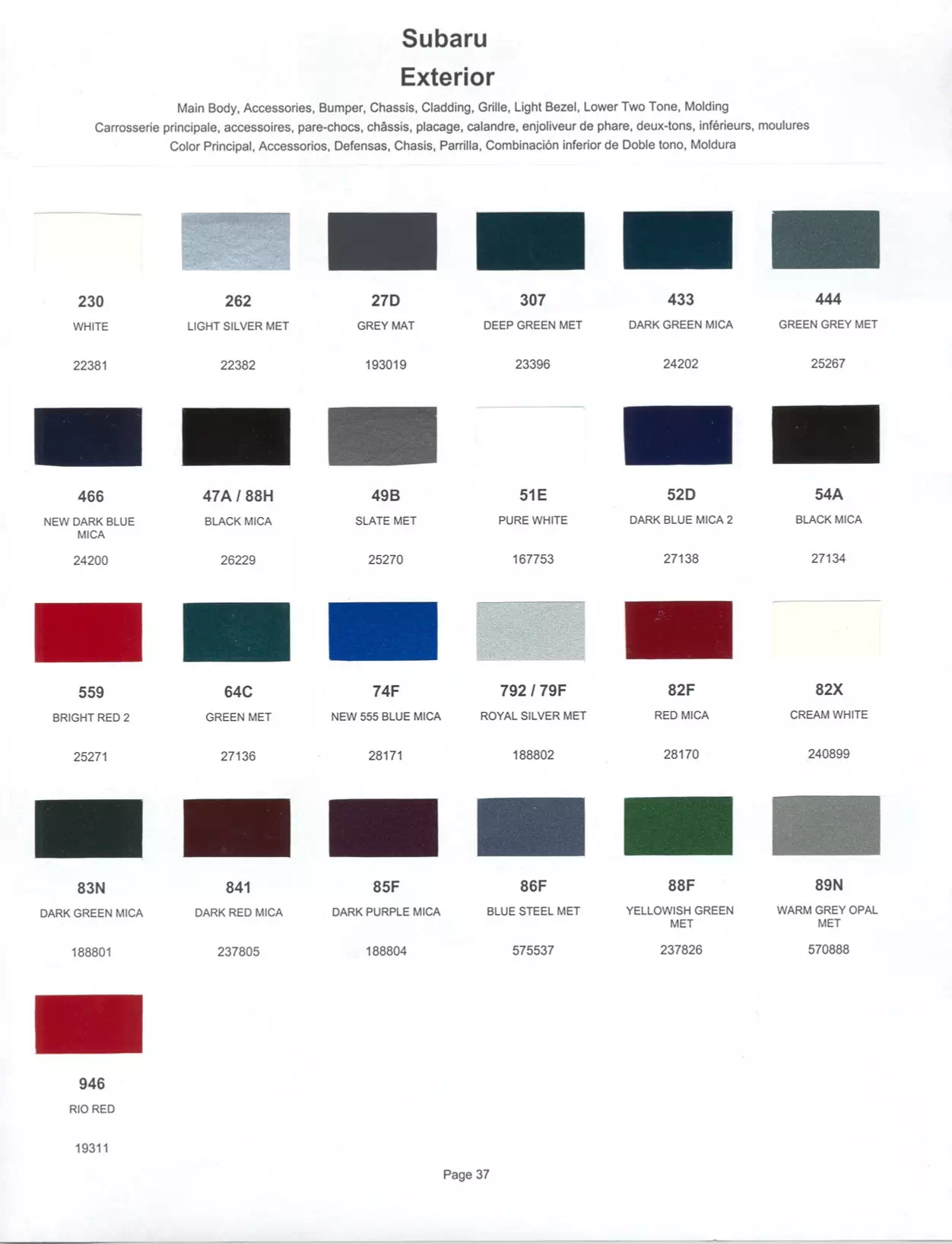 1999 Subaru Paint Codes & Color Chart Paint color examples, their ordering codes, the oem color code, and vehicles the color was used on