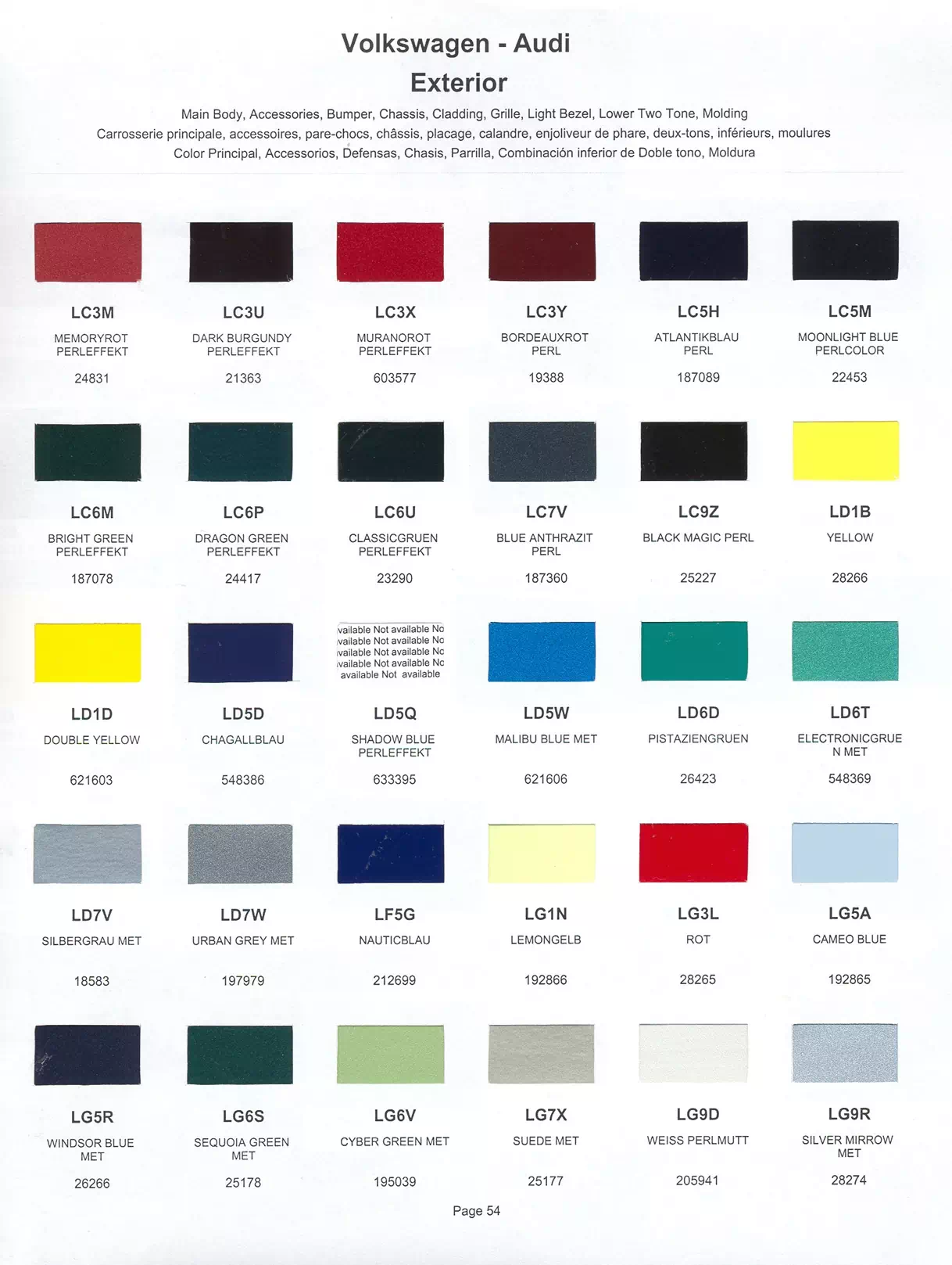 1999 Volkswagen & Audi Paint Codes & Color Chart Paint color examples, their ordering codes, the oem color code, and vehicles the color was used on
