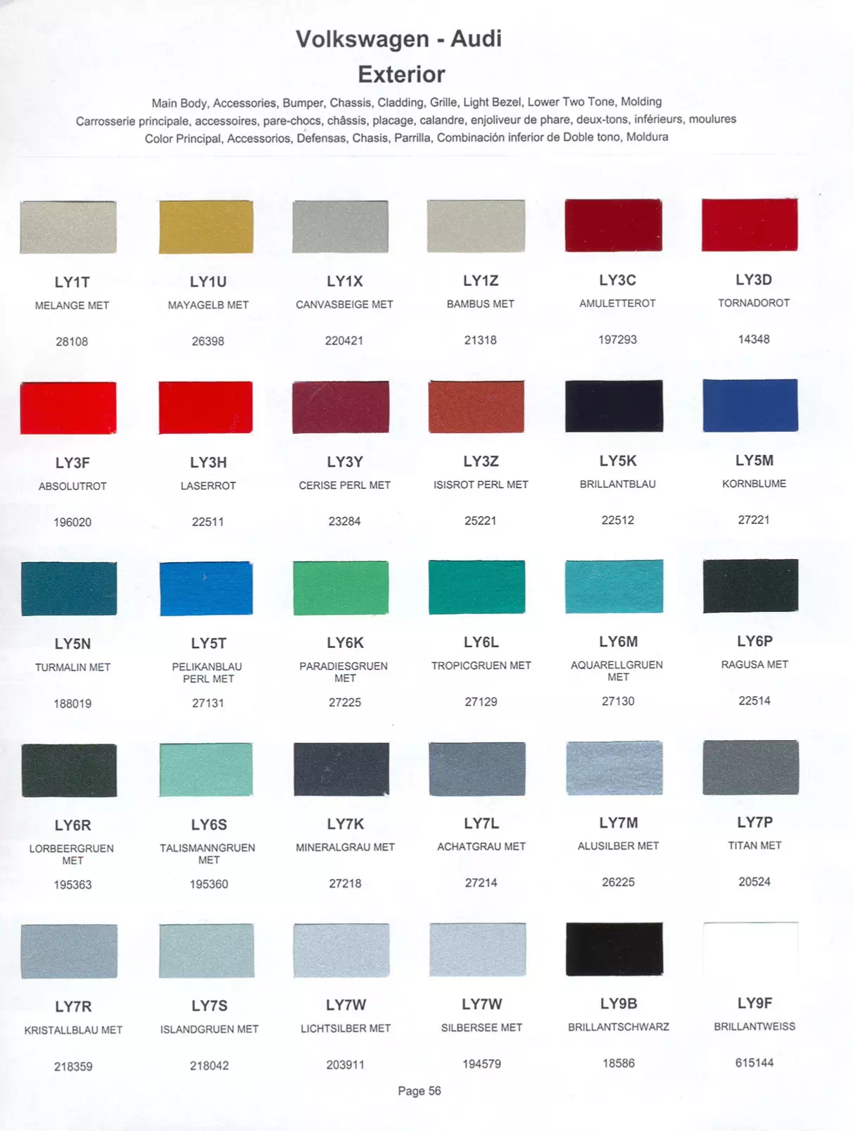 1999 Volkswagen & Audi Paint Codes & Color Chart Paint color examples, their ordering codes, the oem color code, and vehicles the color was used on