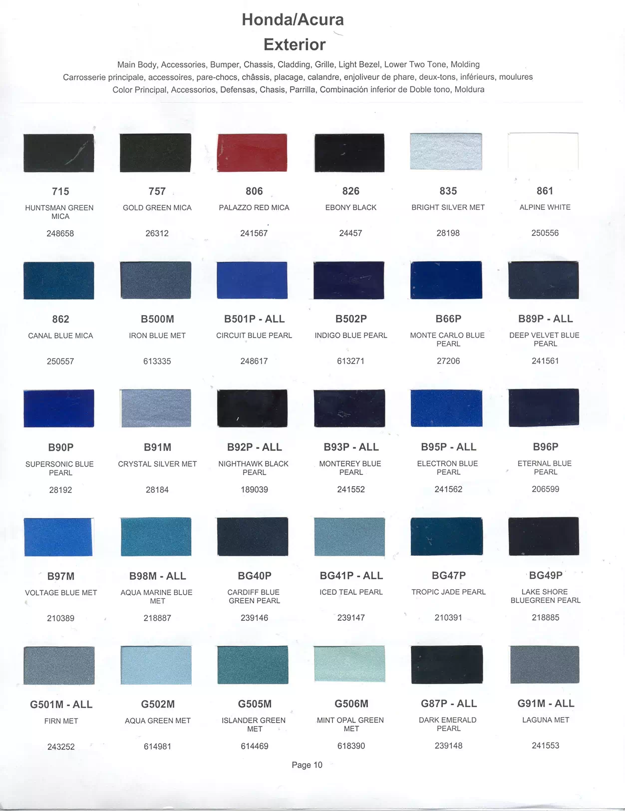 Exterior paint chips and their ordering codes for Honda and Acura Vehicles