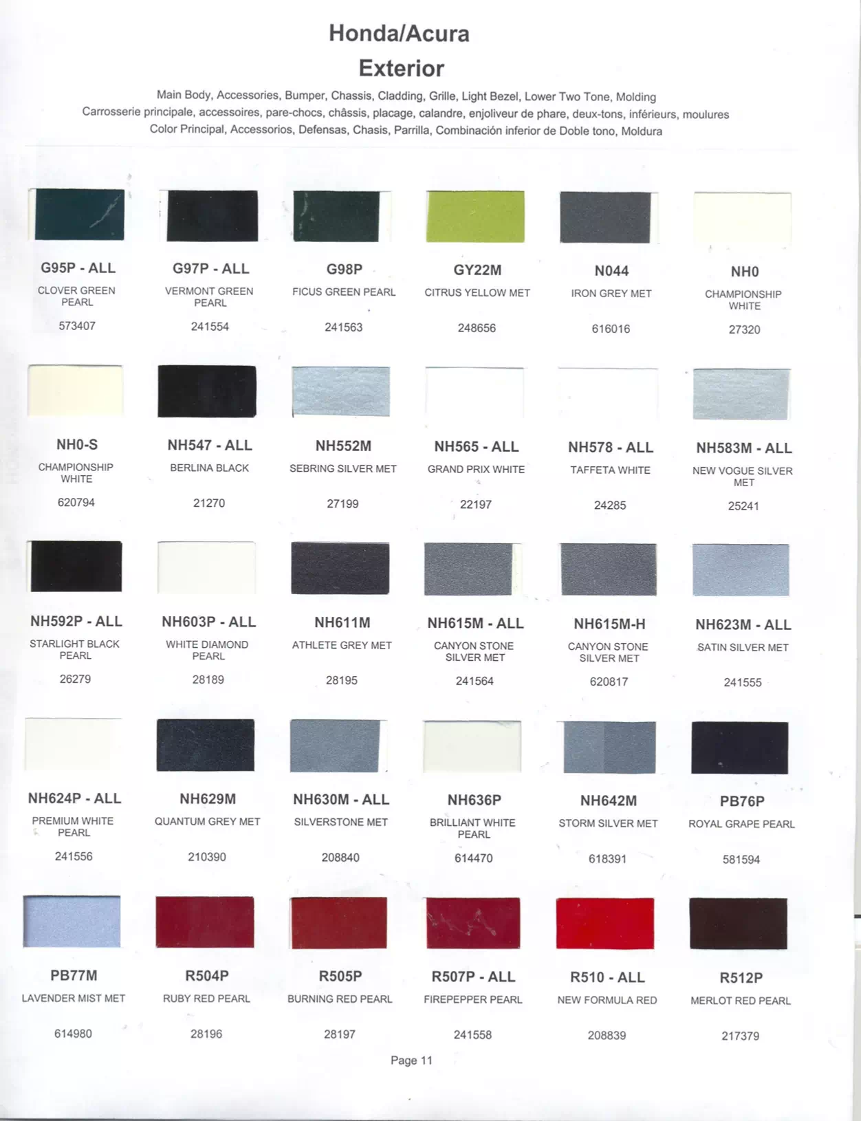 Exterior paint chips and their ordering codes for Honda and Acura Vehicles