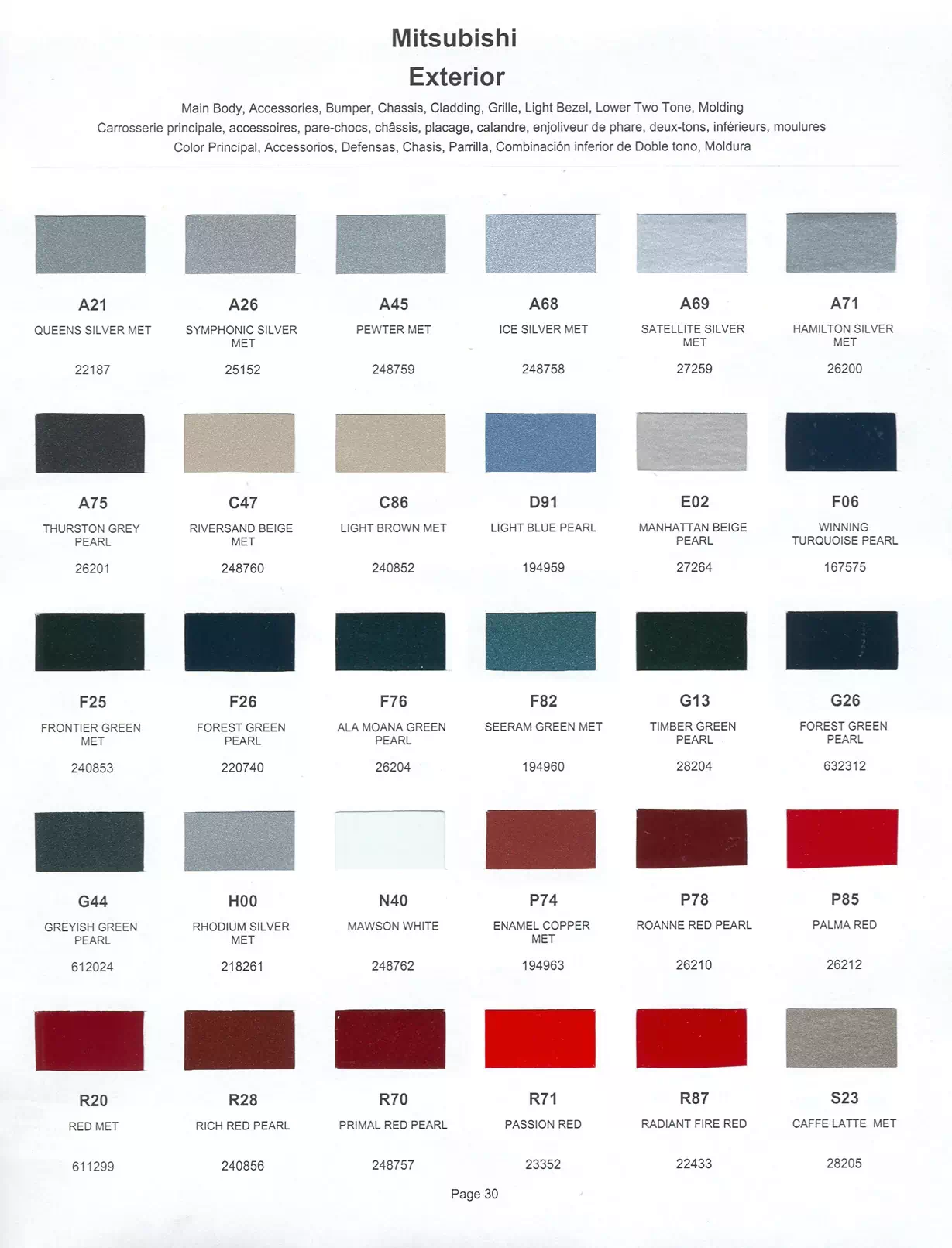 A paint code chart displaying various color swatches and corresponding codes. This chart is used to identify and select specific paint colors for mixing paint and or buying paint for your Mitsubishi vehicle. There are only so many paints used every year. This chart helps you decide what color it is.  