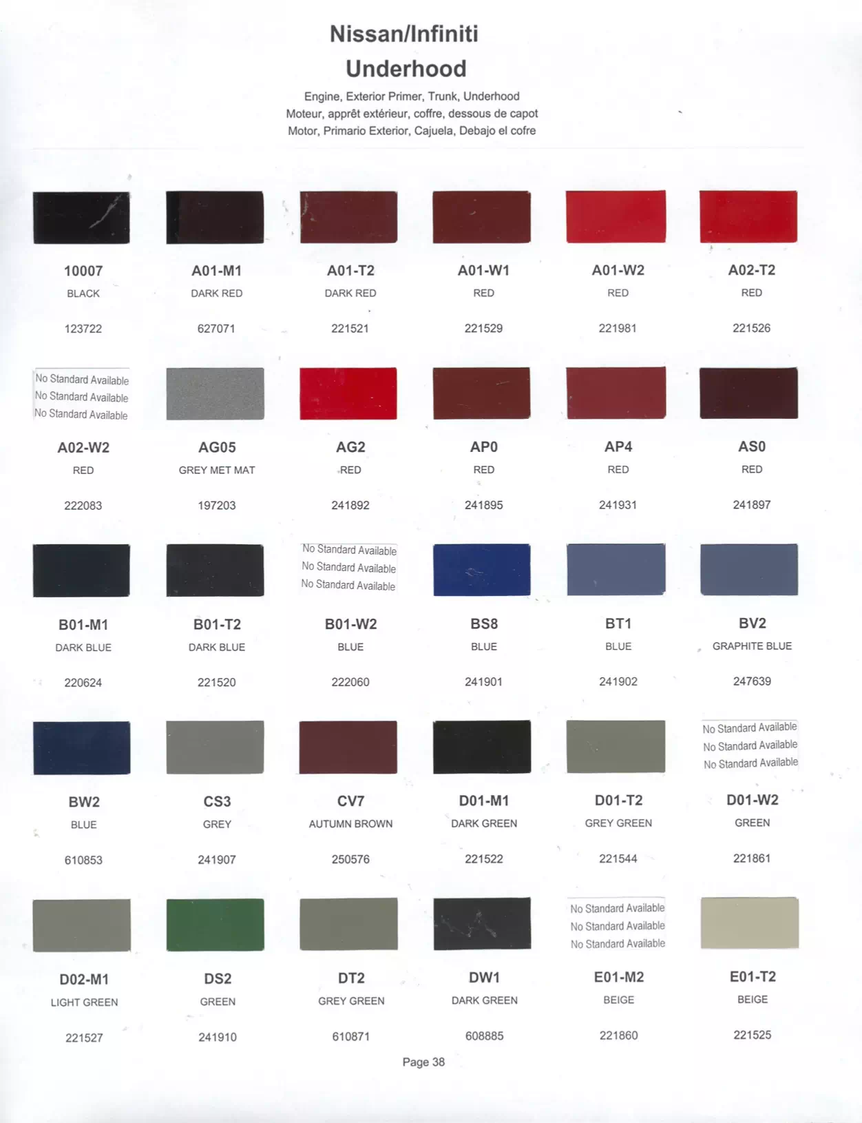 Exterior paint colors for Nissan and Infiniti vehicles and their ordering codes and stock numbers