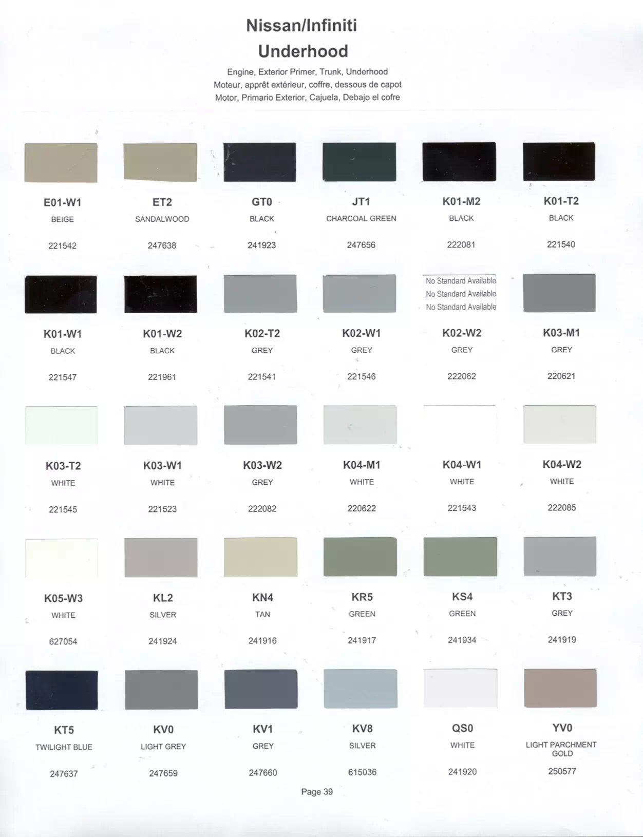 Exterior paint colors for Nissan and Infiniti vehicles and their ordering codes and stock numbers