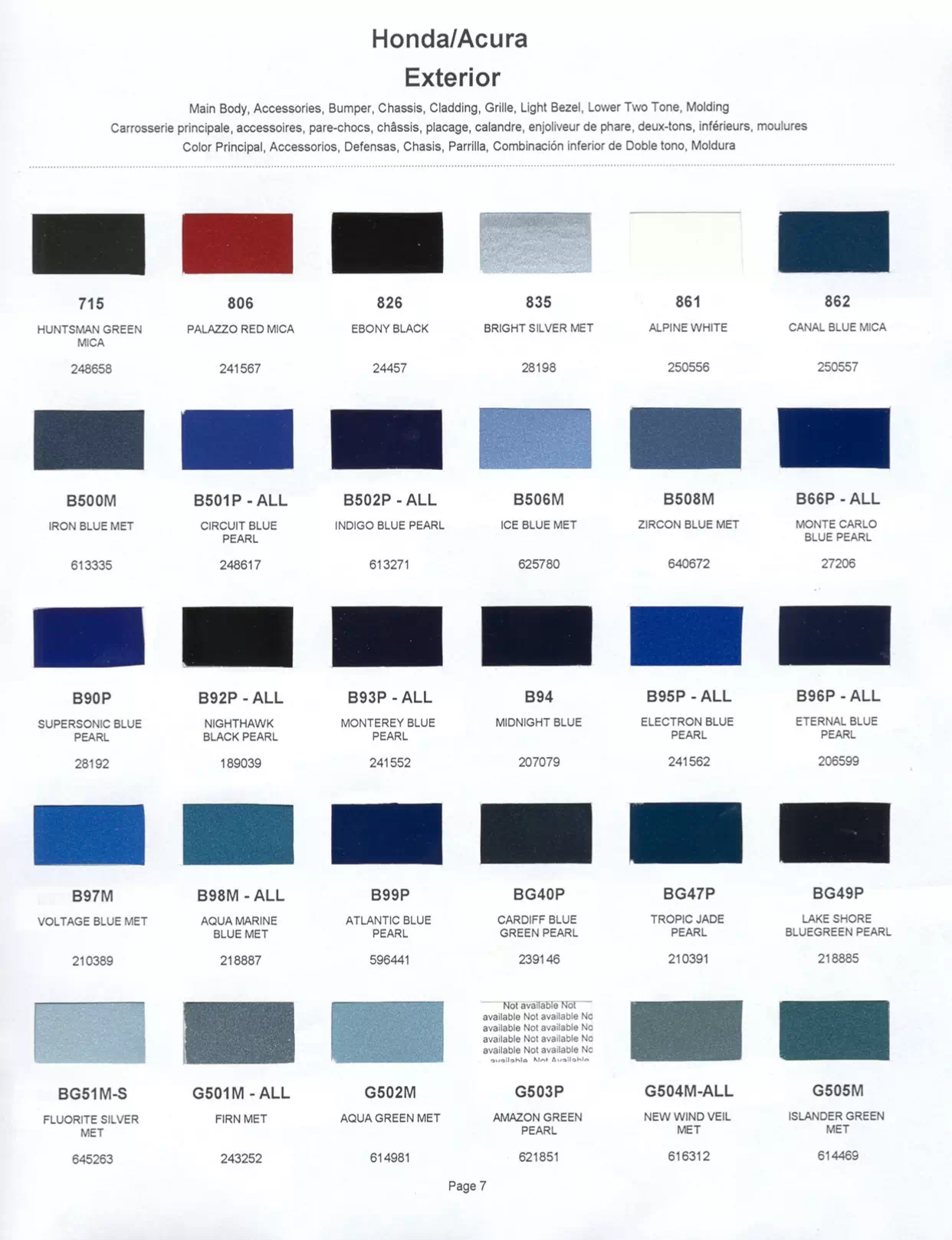 Exterior paint chips and their ordering codes for Honda and Acura Vehicles