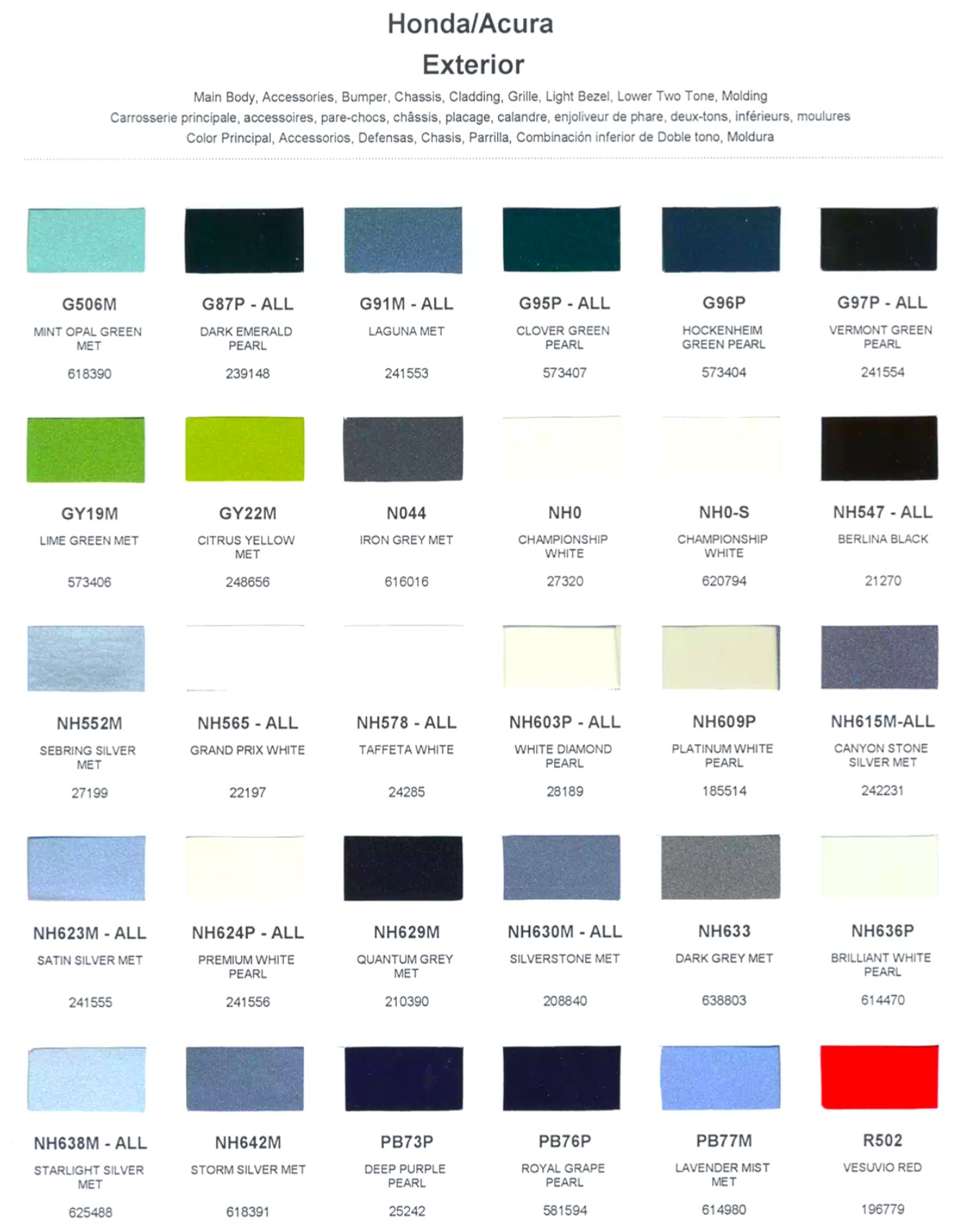 color swatches and codes for Honda and Acura Vehicles