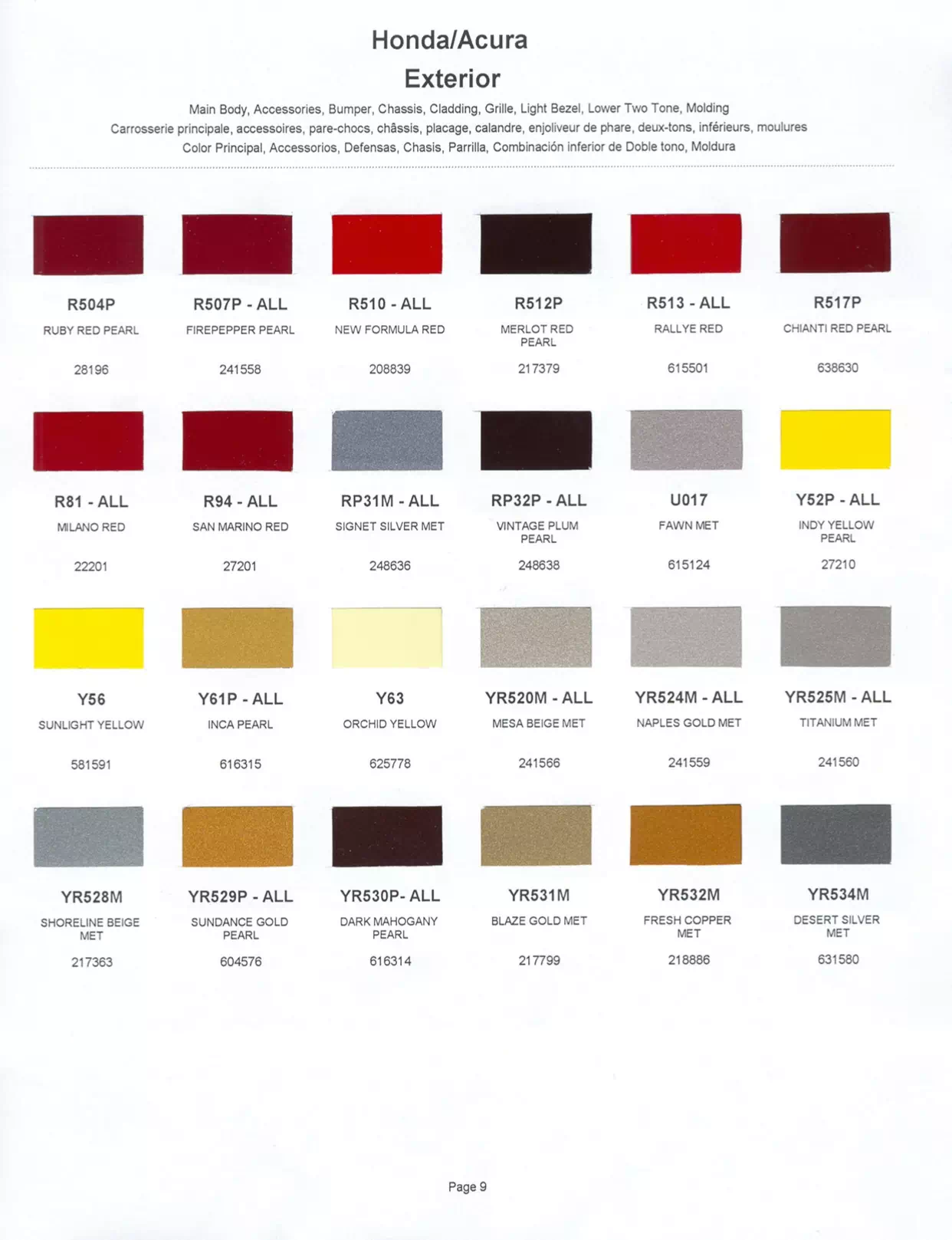 Exterior paint chips and their ordering codes for Honda and Acura Vehicles