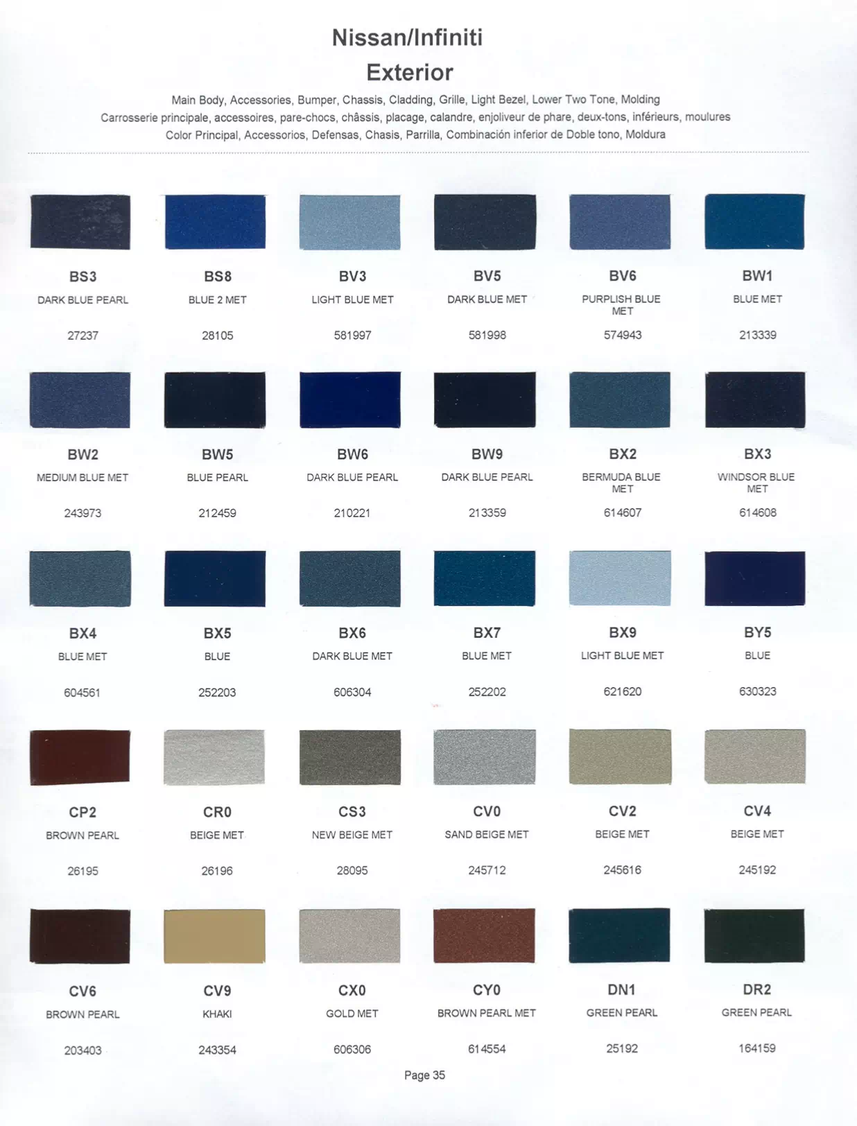 Exterior paint colors for Nissan and Infiniti vehicles and their ordering codes and stock numbers