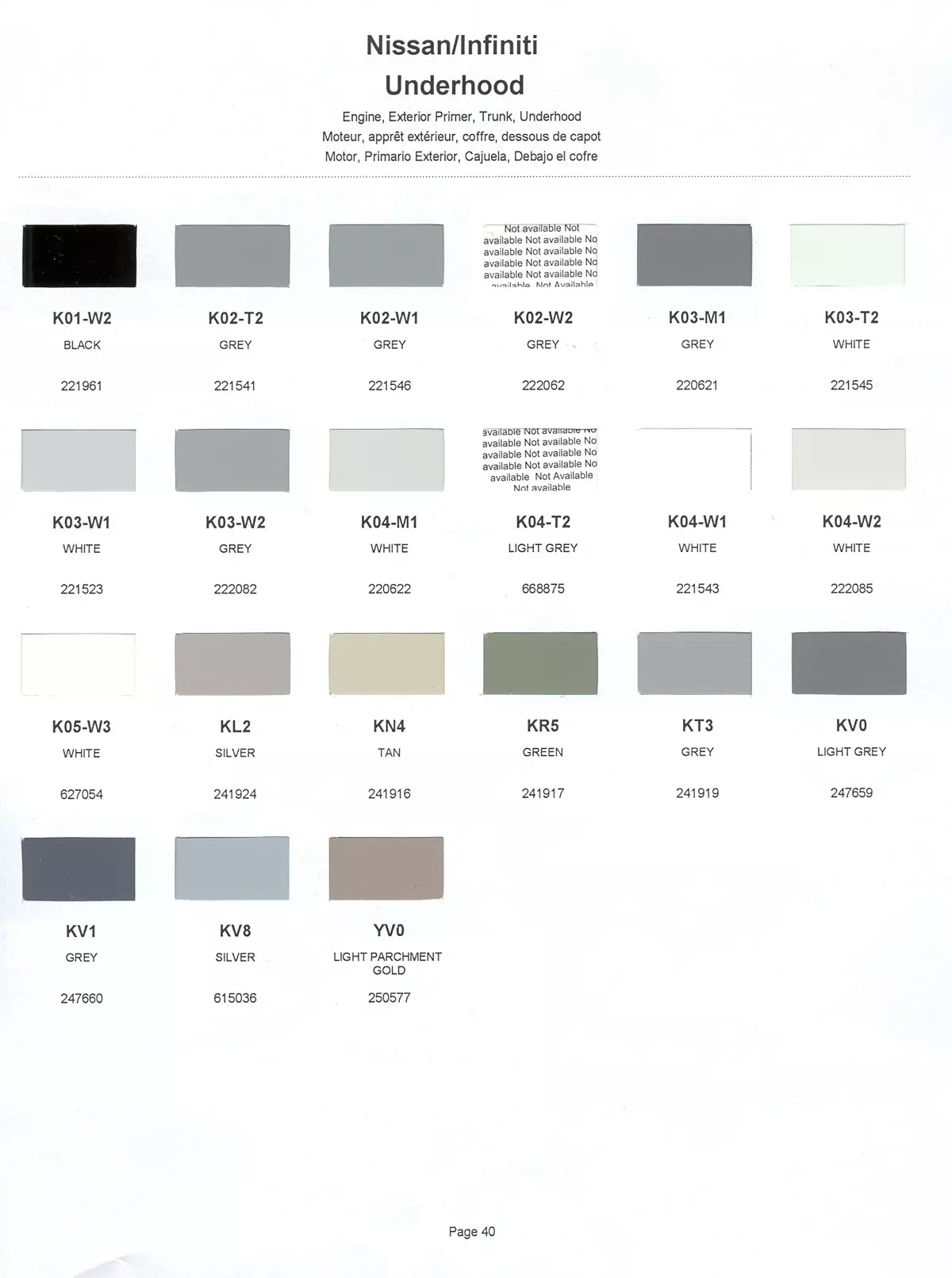 Exterior paint colors for Nissan and Infiniti vehicles and their ordering codes and stock numbers