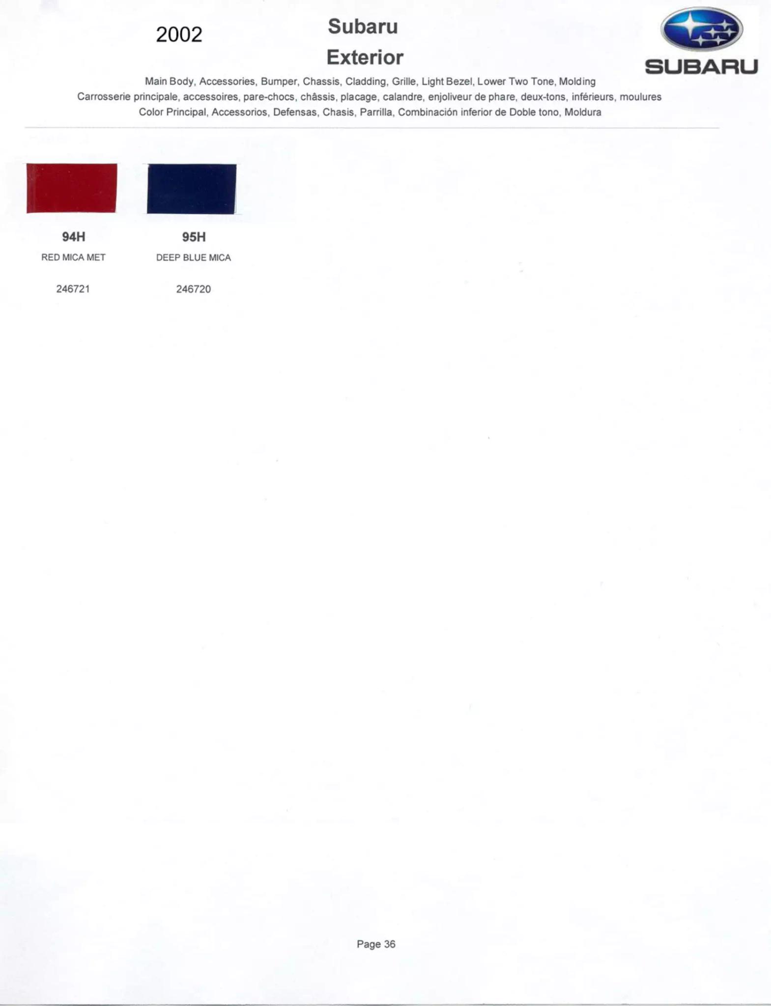 2002 Subaru Paint Chart and color codes Paint Color and Codes Used By Subaru