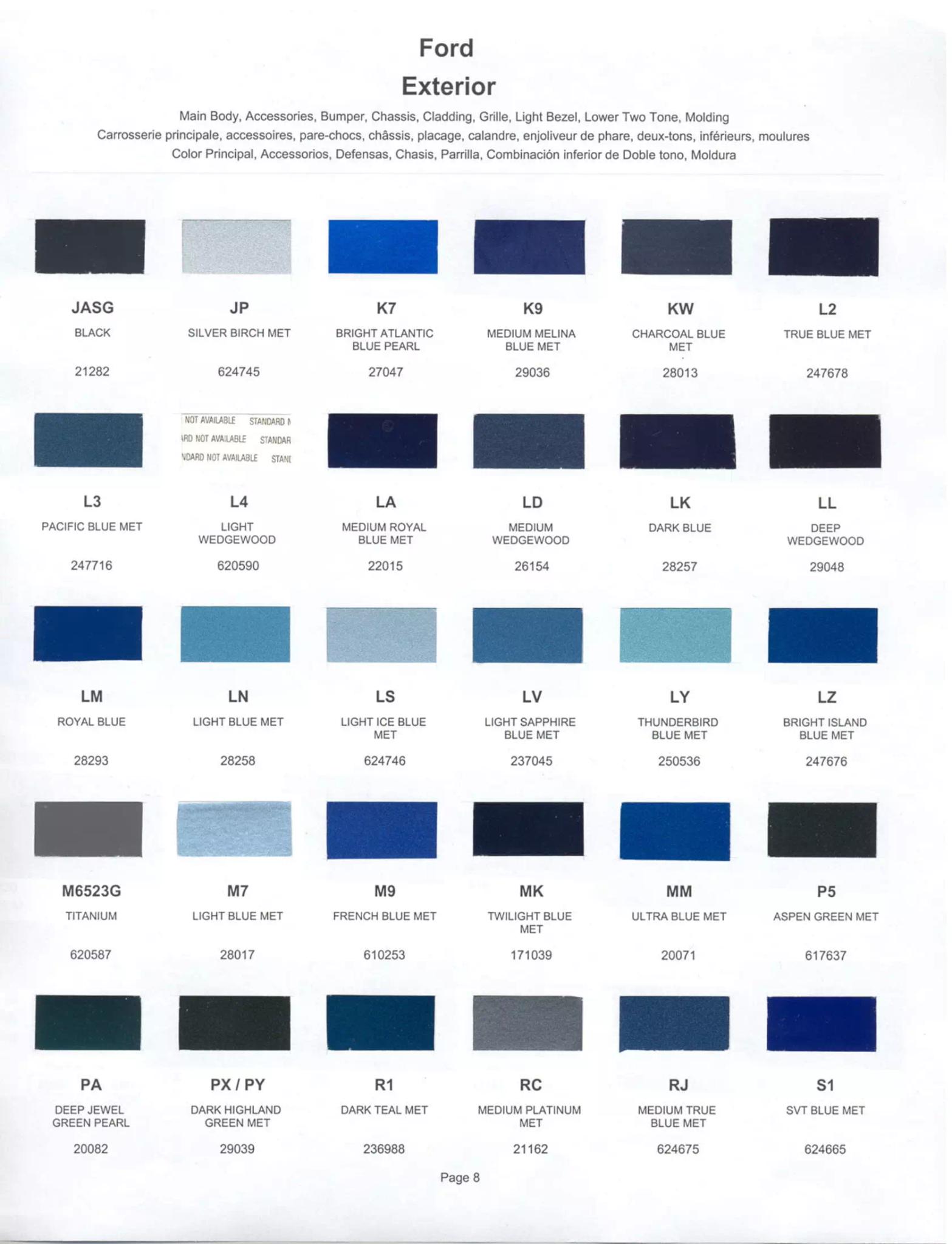 Color swatches, and their ordering paint codes for 2002 model vehicles