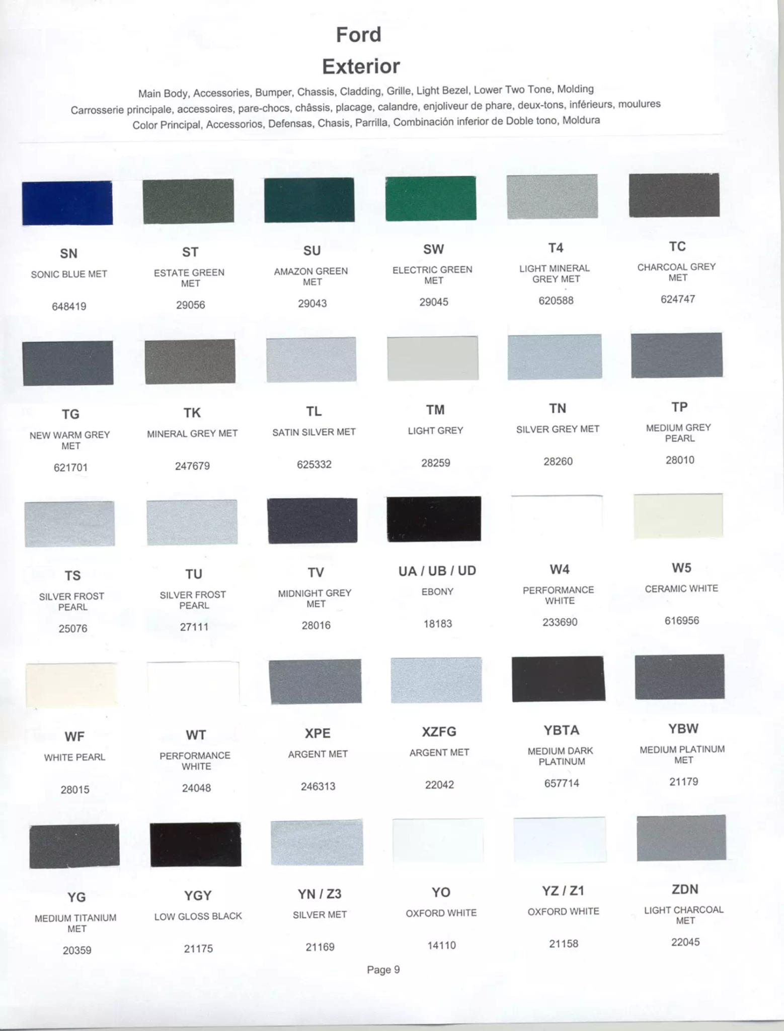 Color swatches, and their ordering paint codes for 2002 model vehicles