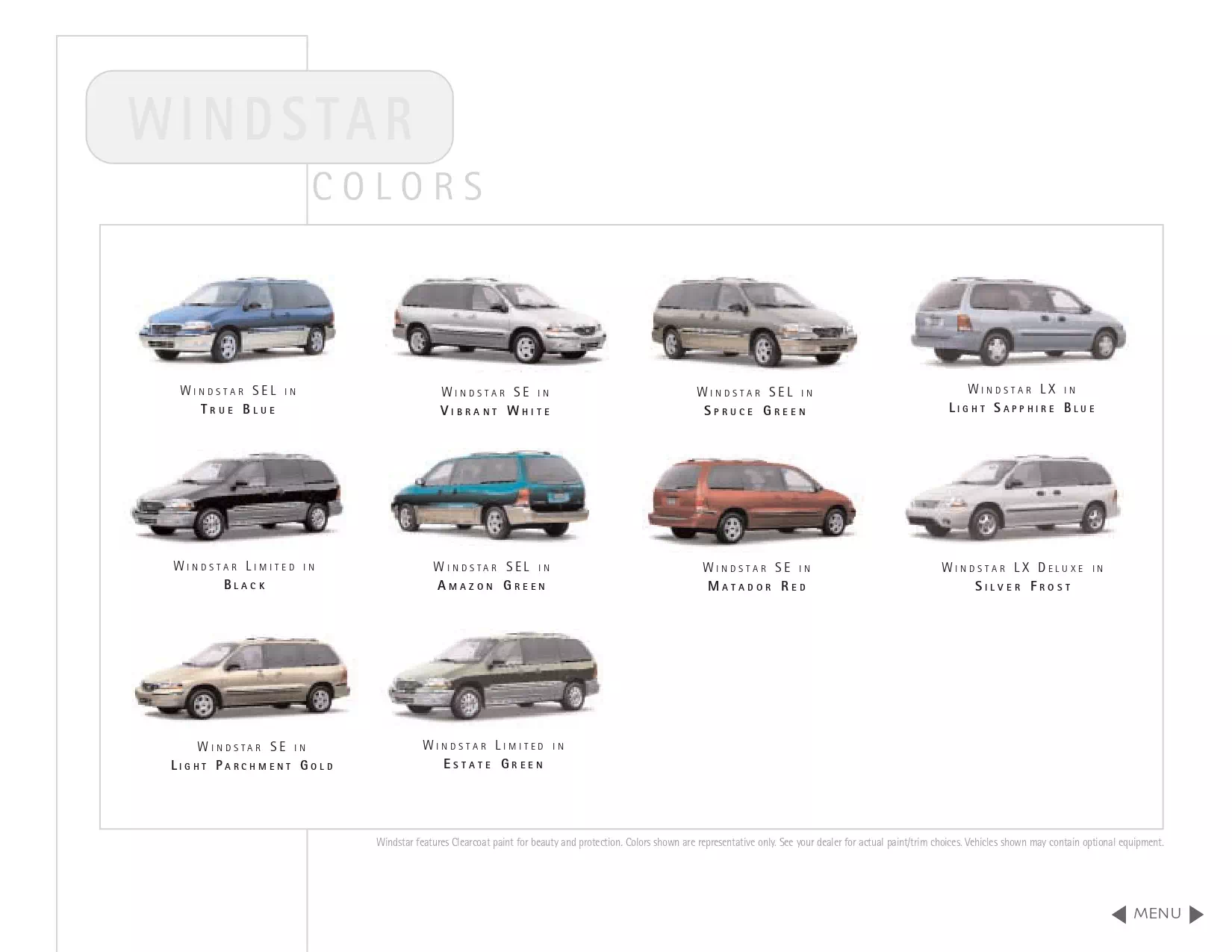 an image showing what the Ford Windstar minivan vehicle colors came in.